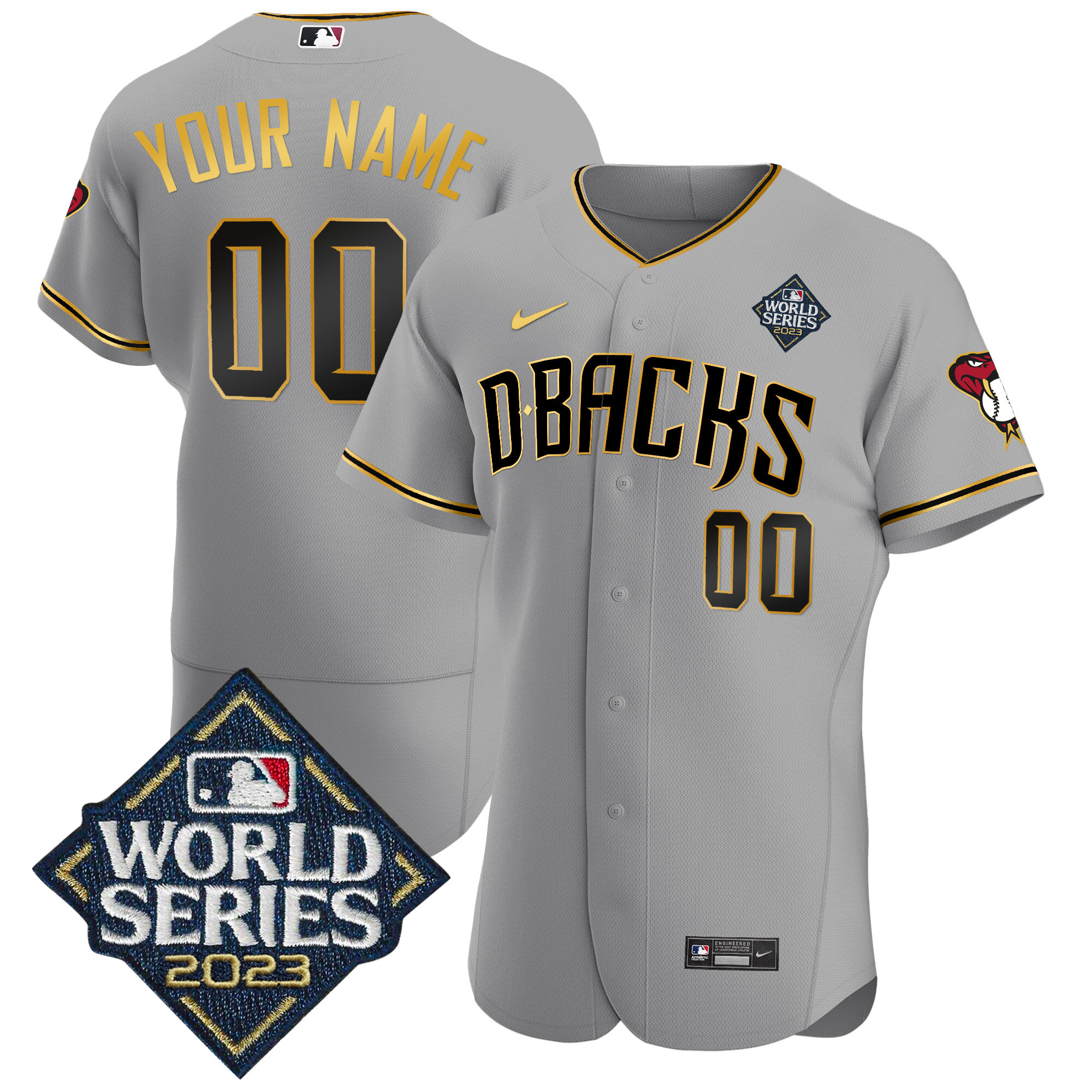 Arizona Diamondbacks 2023 World Series Flex Base Gold Custom V2 Gray Gold Jersey - All Stitched