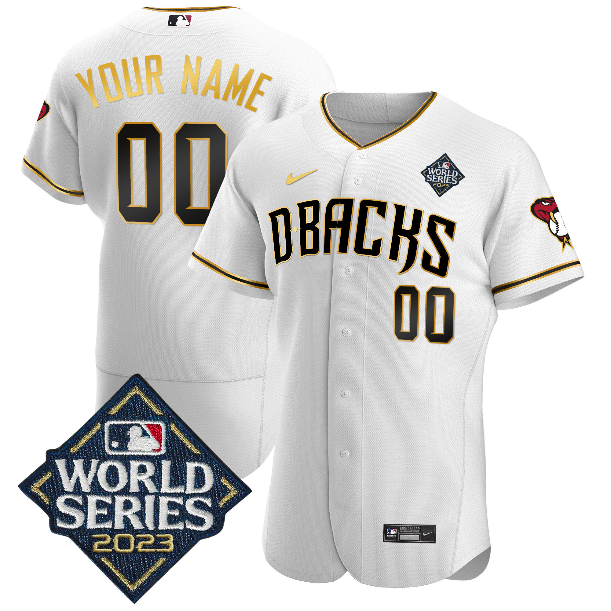 Arizona Diamondbacks 2023 World Series Flex Base Gold Custom V2 White Gold Jersey - All Stitched