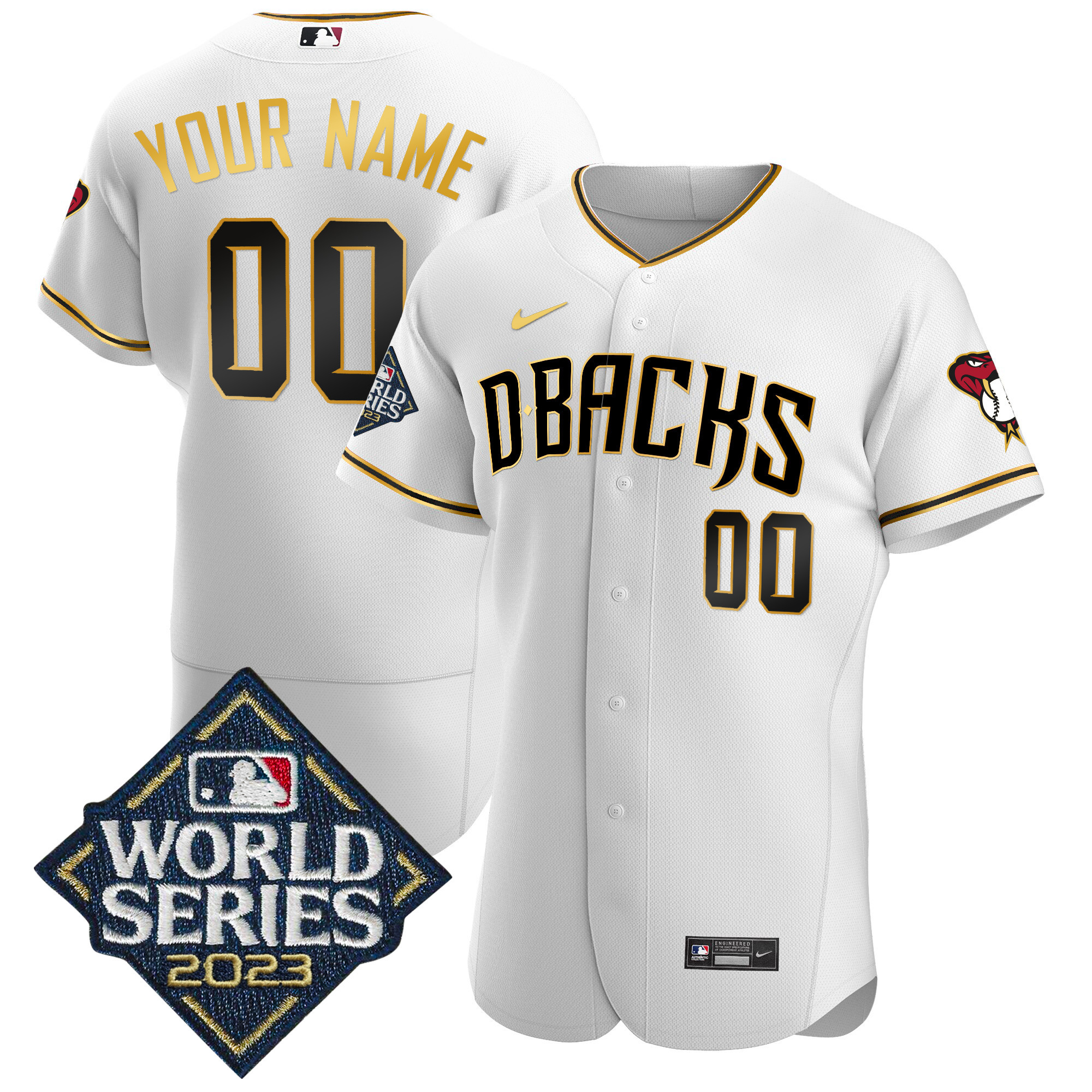 Arizona Diamondbacks 2023 World Series Flex Base Gold Custom White Gold Jersey - All Stitched