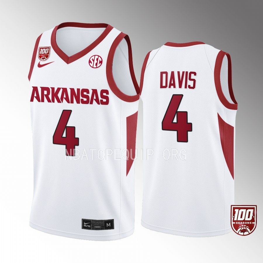 Arkansas Razorbacks Davonte Davis Jersey 2022-23 100 Season White College Uniform