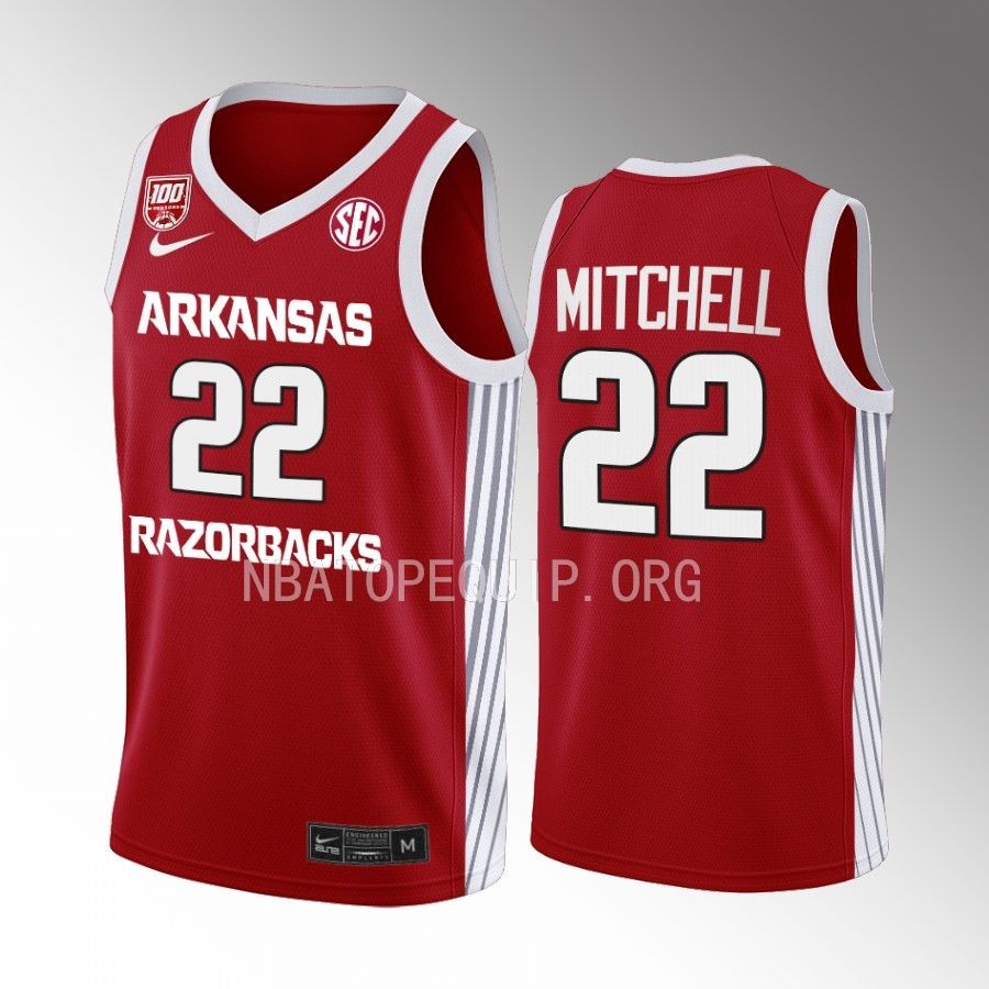 Arkansas Razorbacks Makhel Mitchell Jersey 2022-23 College Red 100 Season Uniform