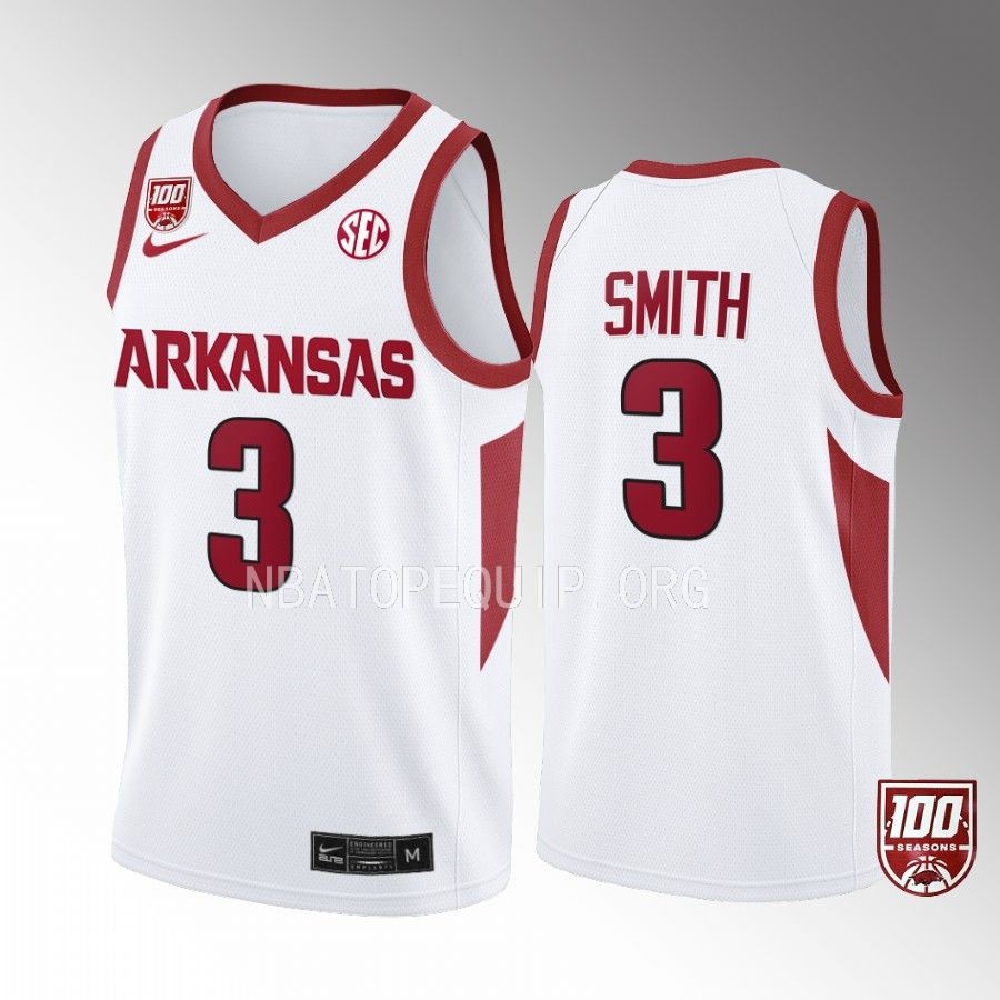 Arkansas Razorbacks Nick Smith Jersey 2022-23 100 Season White College Uniform