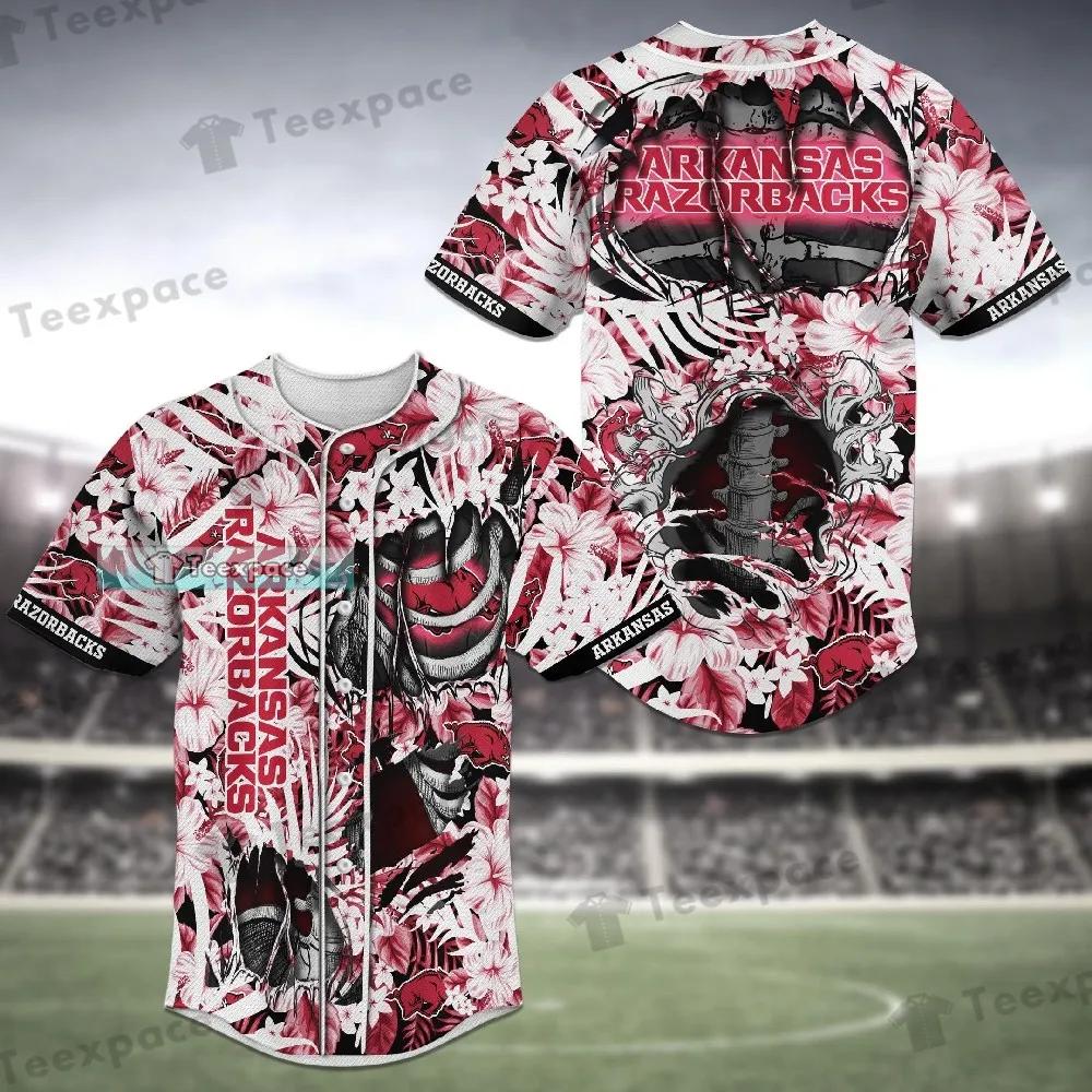 Arkansas Razorbacks Skeleton Floral Pattern Baseball Jersey