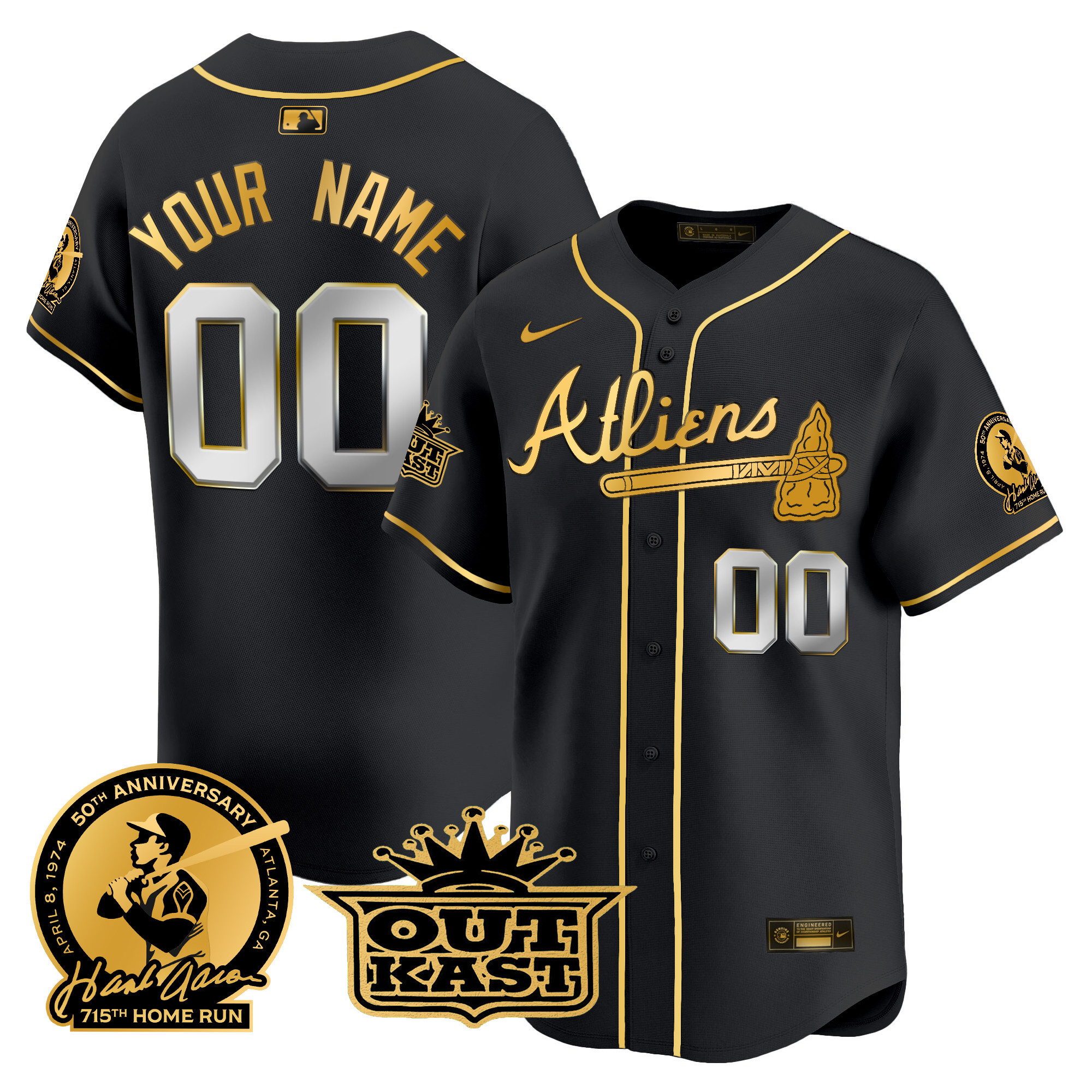 Atlanta Braves Atliens & Hank Aaron Patch Vapor Premier Limited Custom Black Gold Jersey - All Stitched