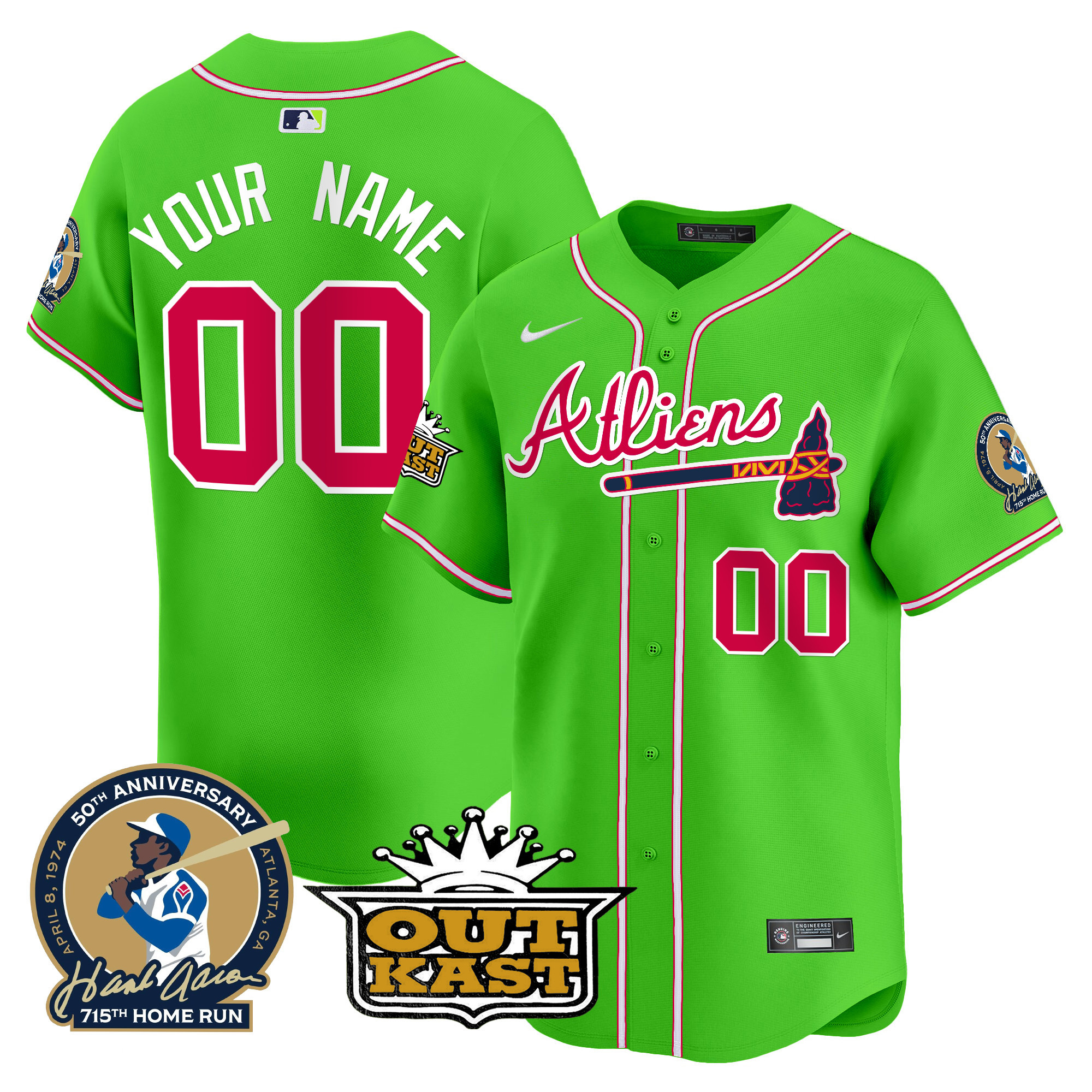 Atlanta Braves Atliens & Hank Aaron Patch Vapor Premier Limited Custom Bright Green Jersey - All Stitched