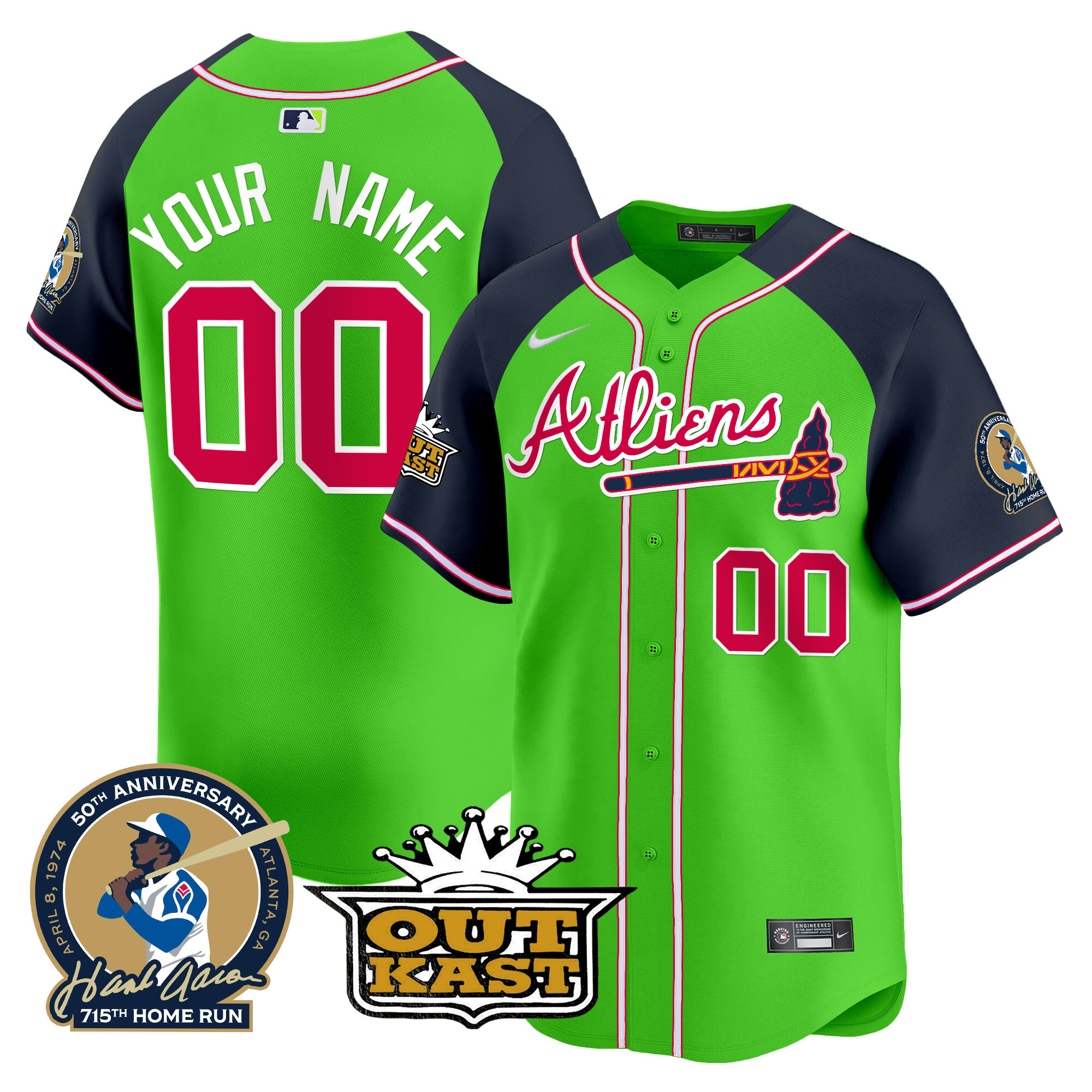 Atlanta Braves Atliens & Hank Aaron Patch Vapor Premier Limited Custom Green Alternate Jersey - All Stitched