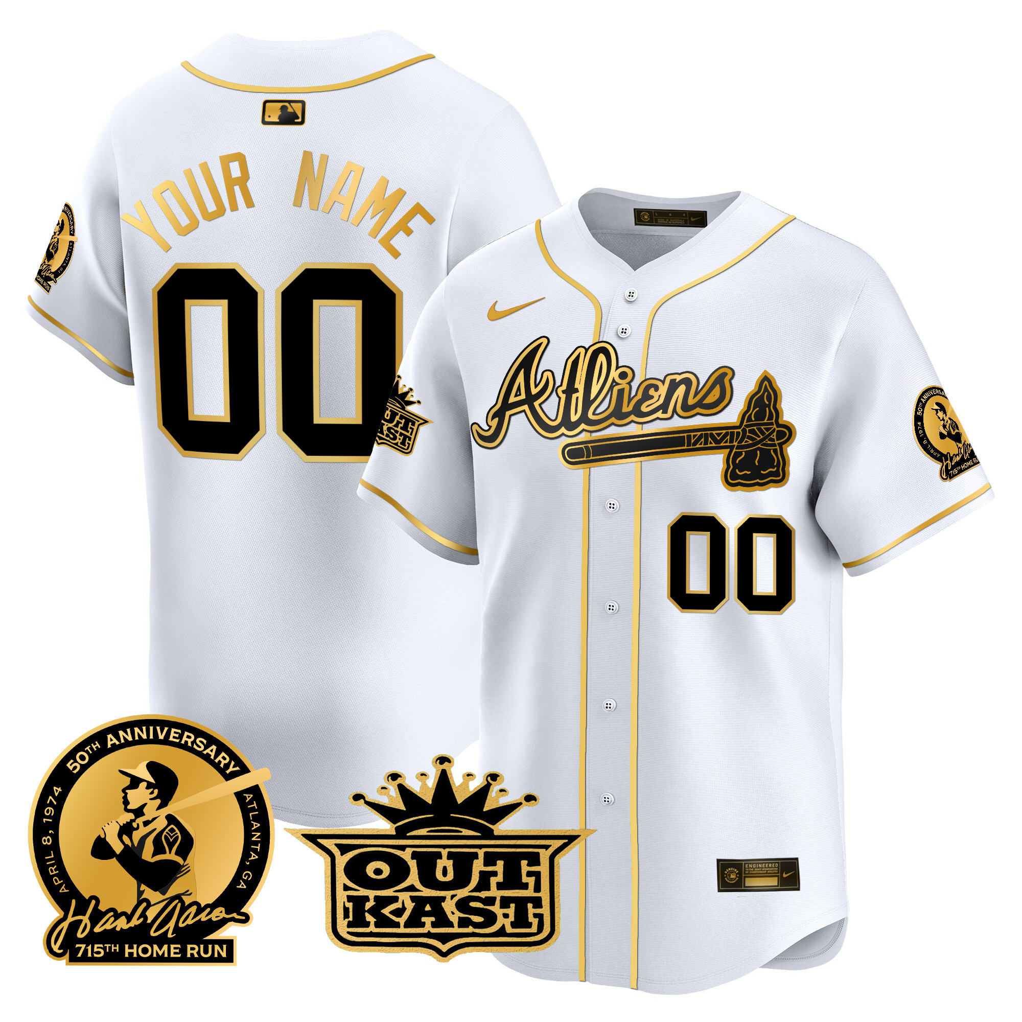 Atlanta Braves Atliens & Hank Aaron Patch Vapor Premier Limited Custom White Gold Jersey - All Stitched