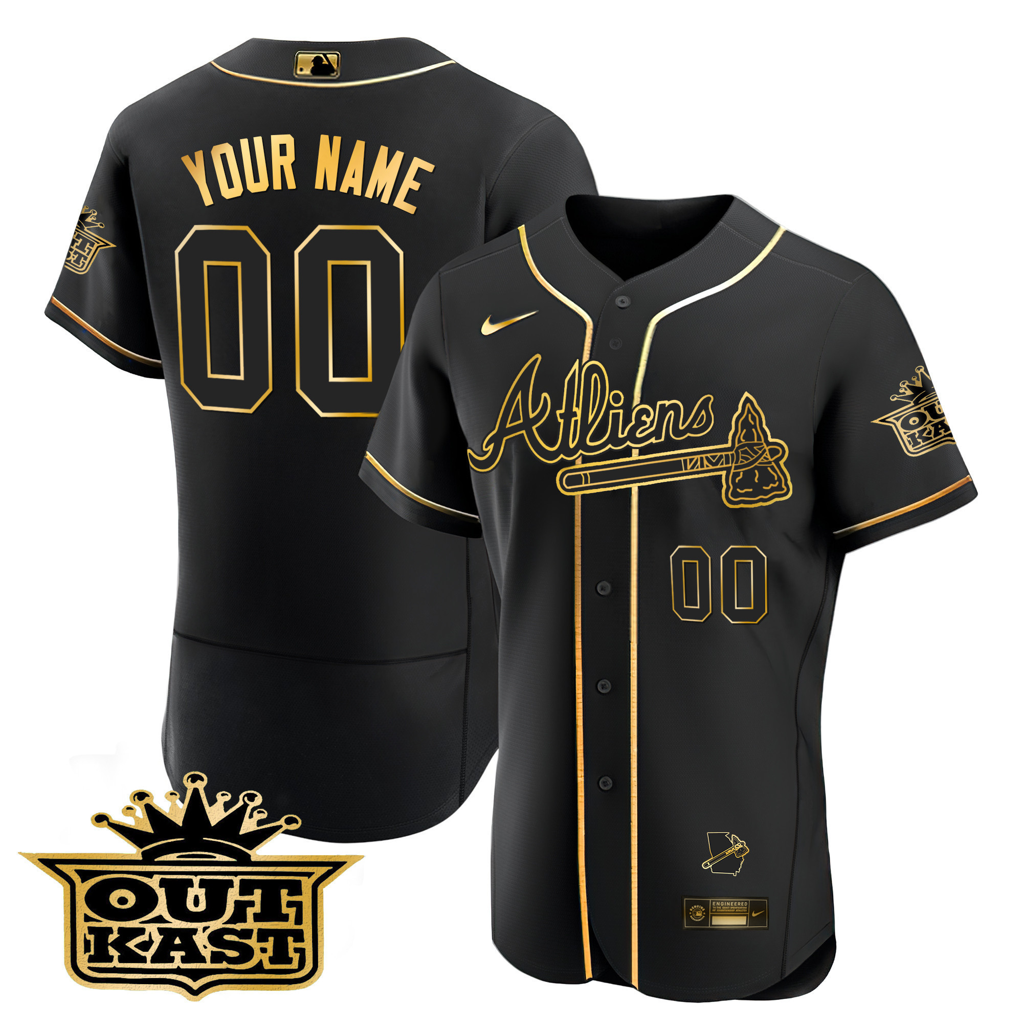 Atlanta Braves Atliens Flex Base Custom V2 Black Gold Jersey - All Stitched
