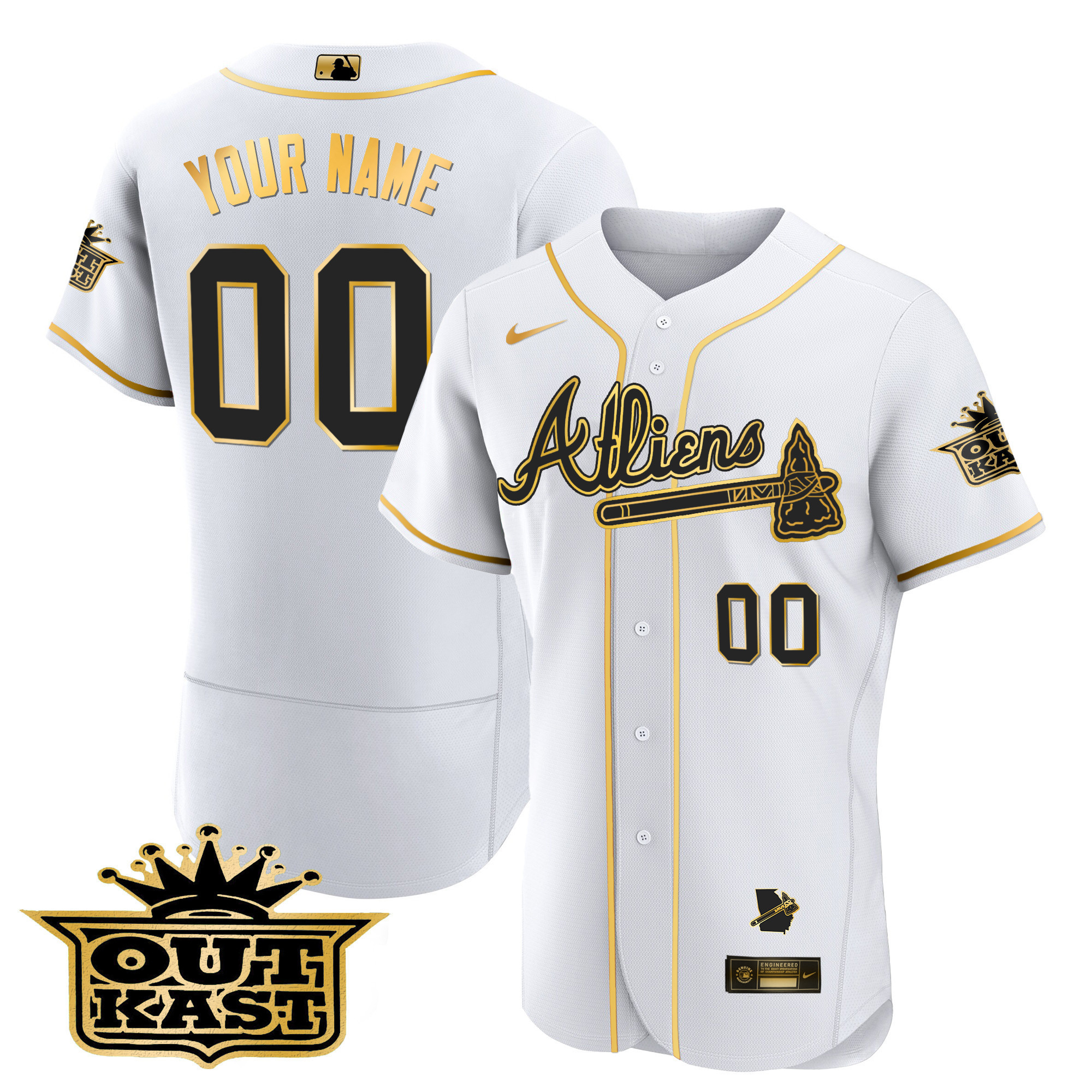 Atlanta Braves Atliens Flex Base Custom V2 White Gold Jersey - All Stitched