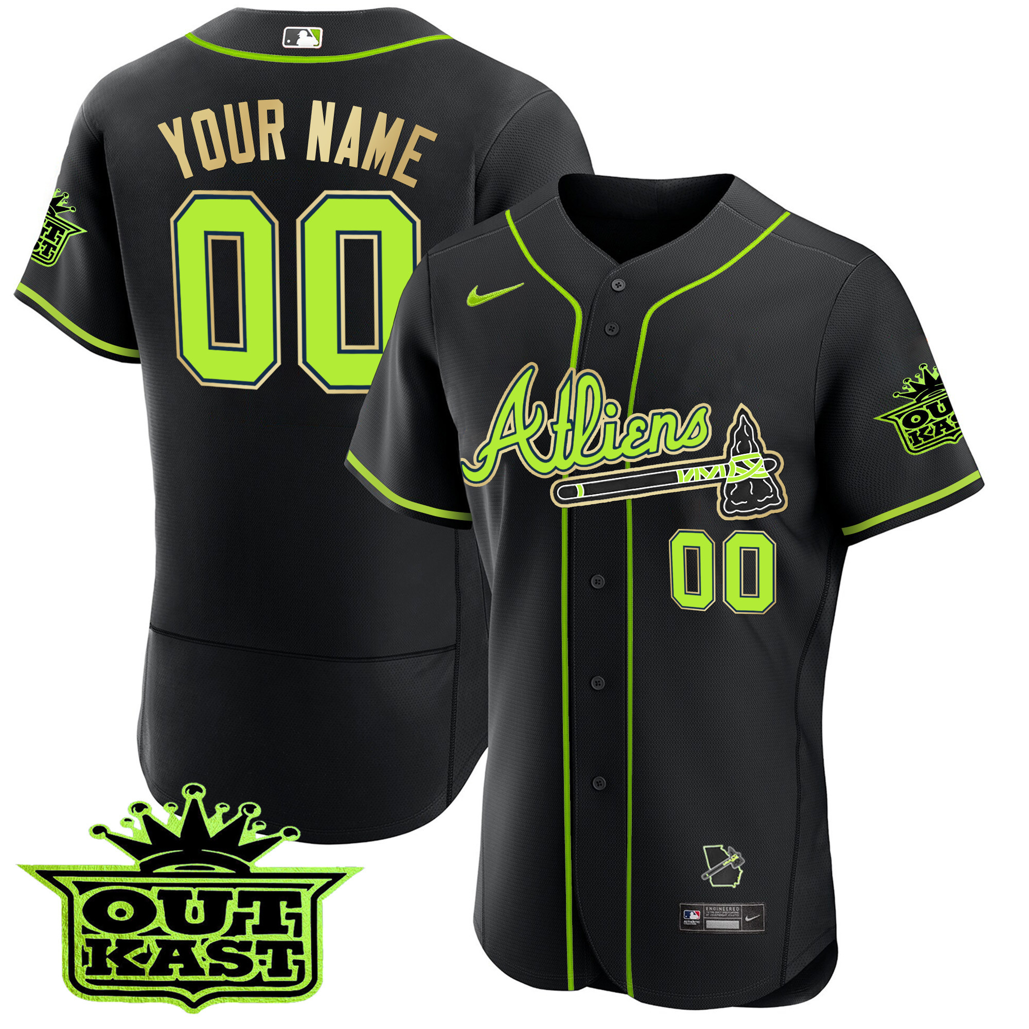 Atlanta Braves Atliens Flex Base Gold Trim Custom Black Jersey - All Stitched