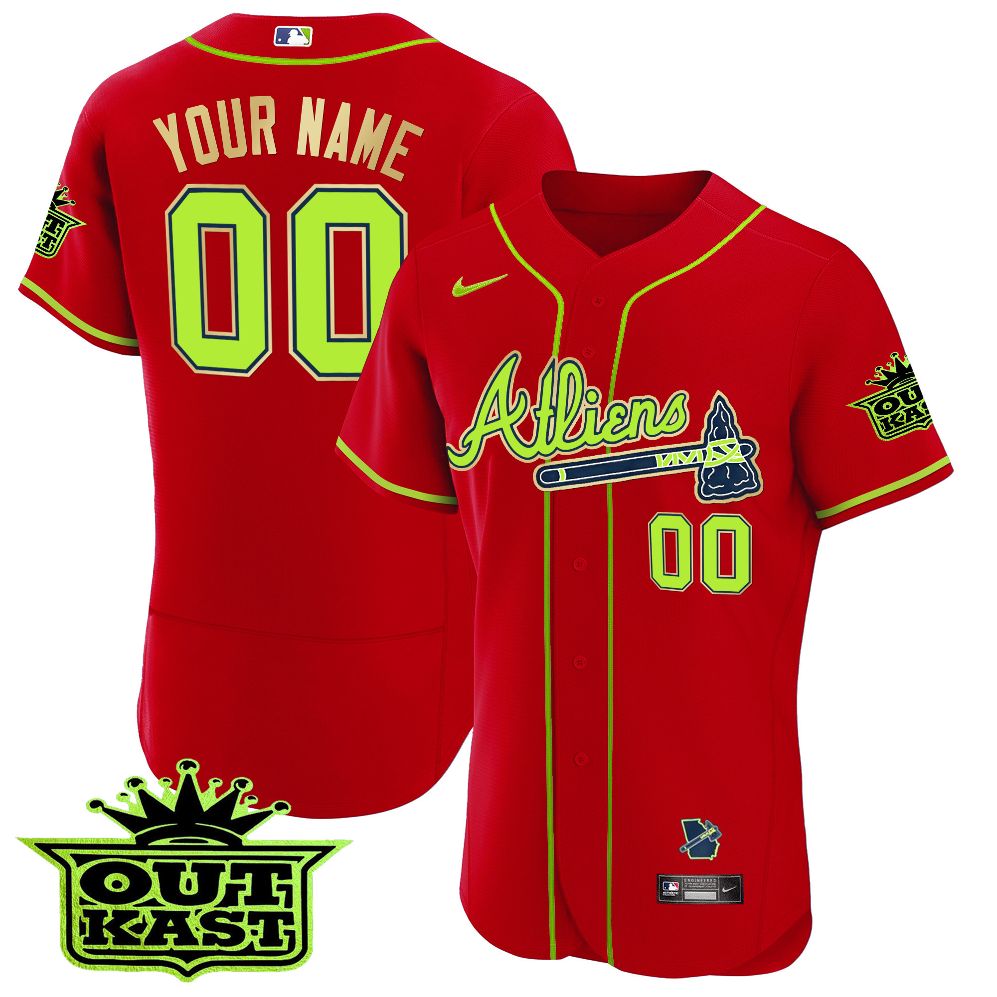 Atlanta Braves Atliens Flex Base Gold Trim Custom Red Jersey - All Stitched