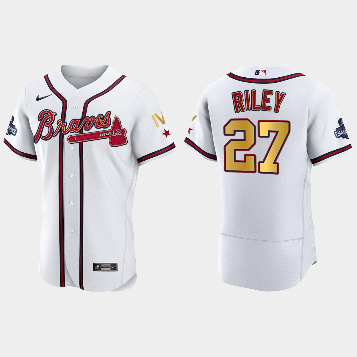 Atlanta Braves Austin Riley 2022 Gold Program White Braves 4-Time World Series Champions Jersey