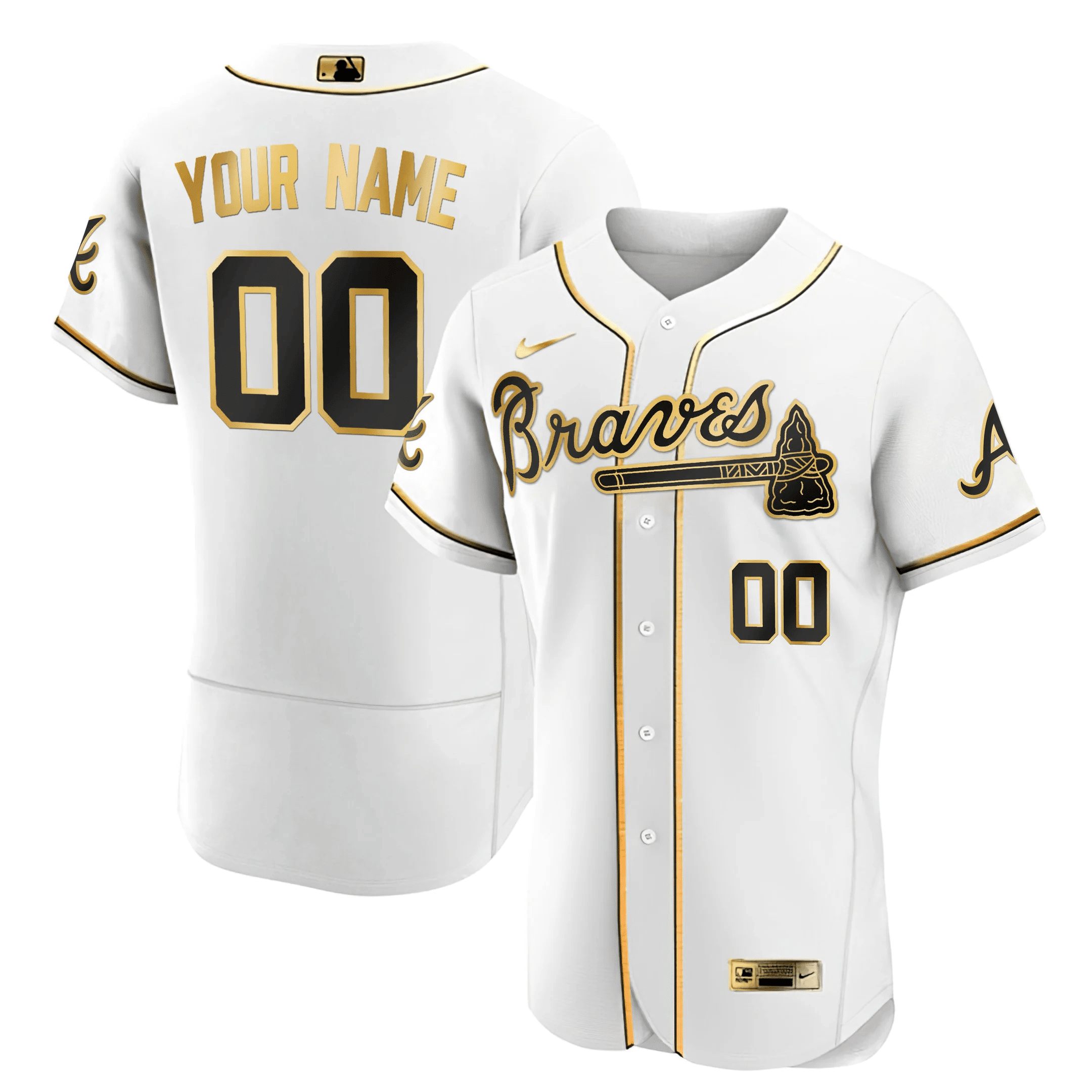 Atlanta Braves Black Gold & White Gold Custom White Gold Flex Base  Jersey - All Stitched