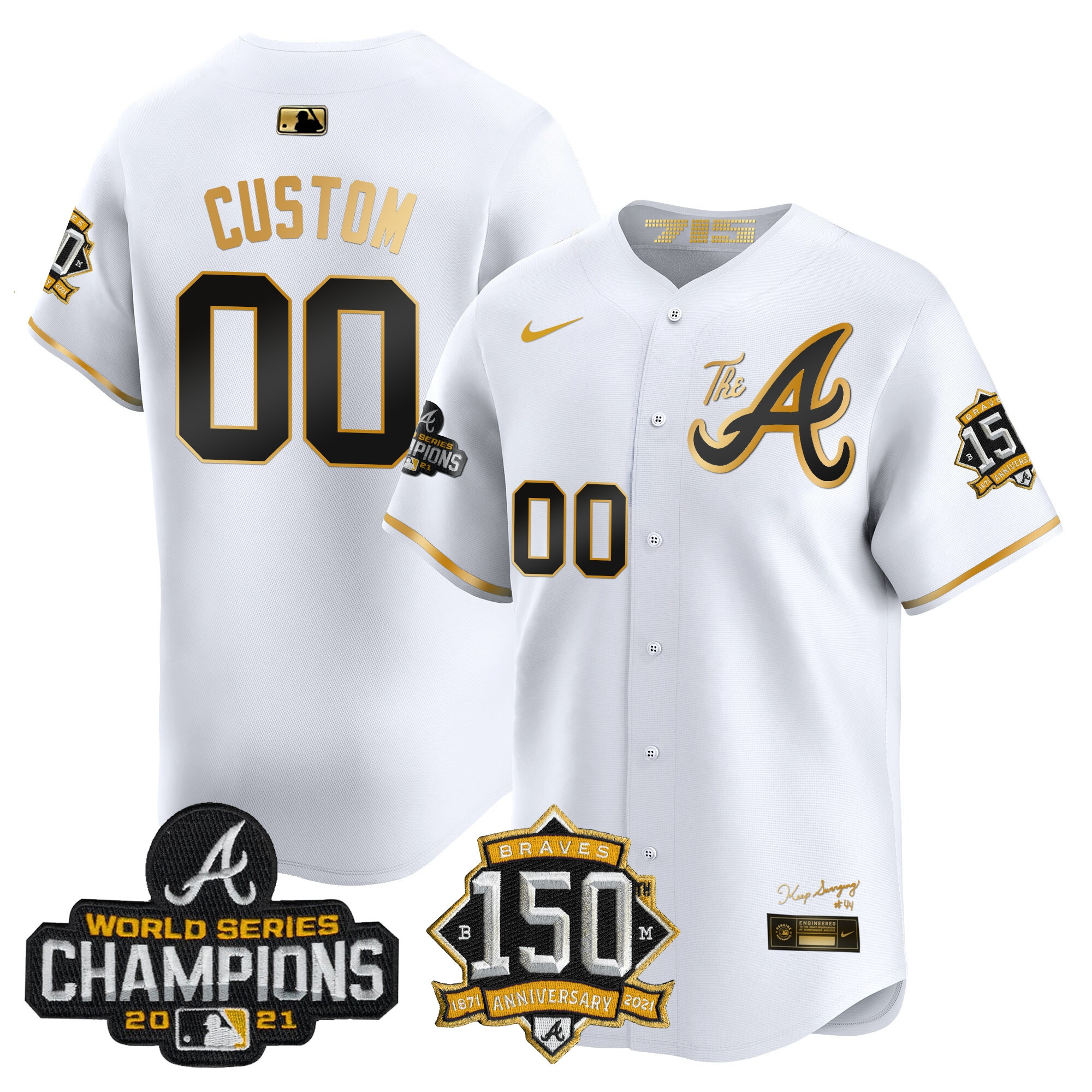 Atlanta Braves Champions & 150th Patch Vapor Premier Limited Custom White Gold Jersey - All Stitched