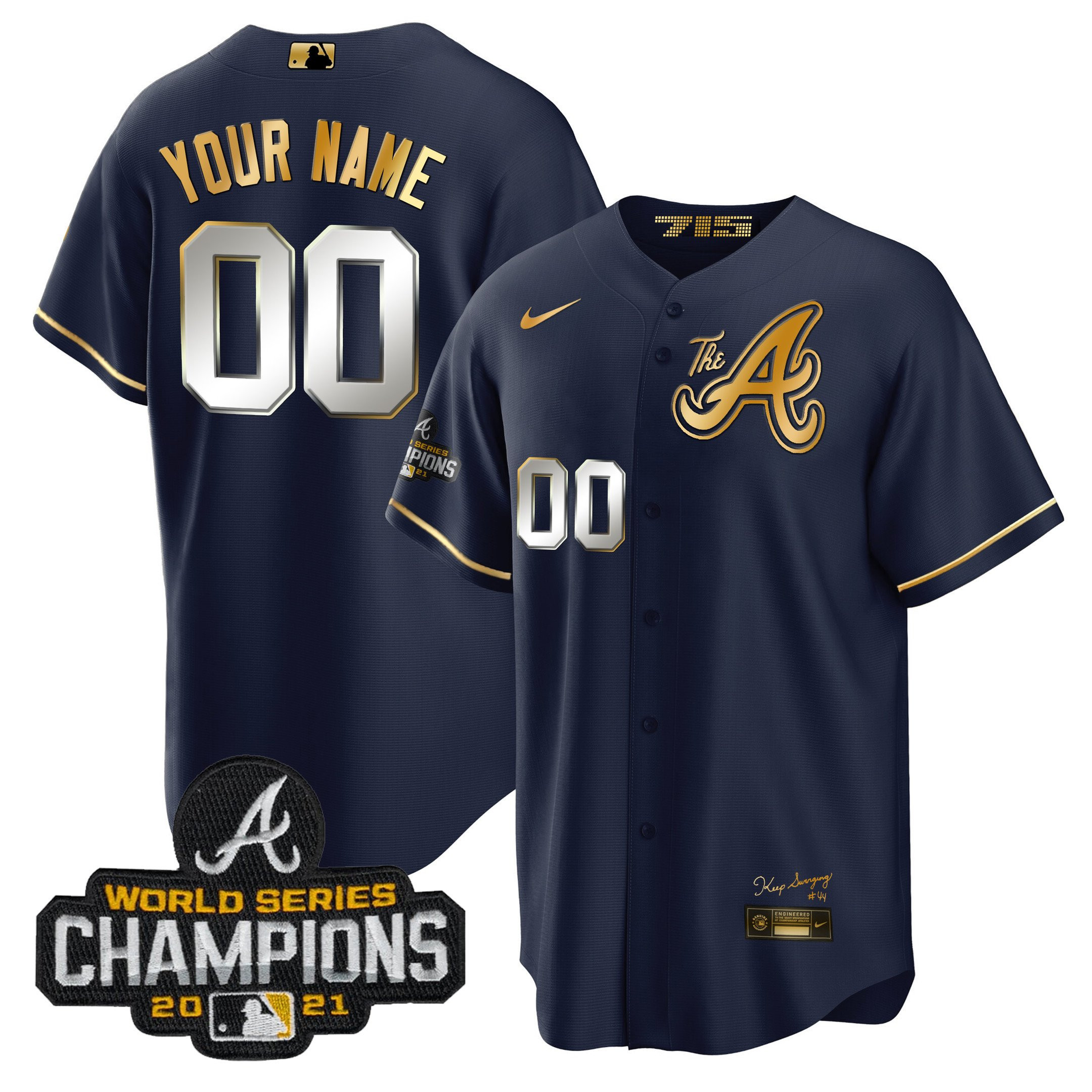 Atlanta Braves Champions City Connect Gold Custom Cool Navy Jersey - All Stitched
