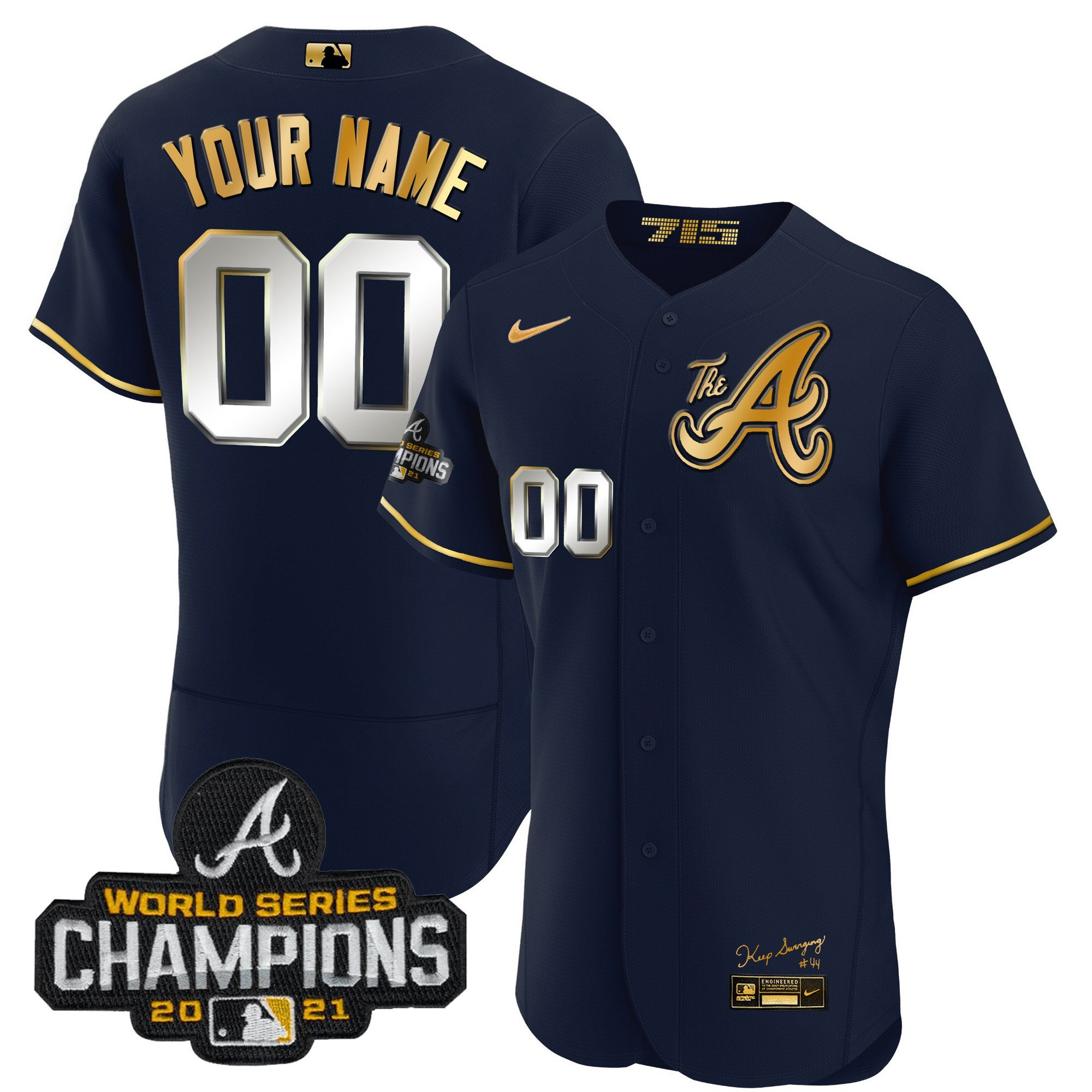 Atlanta Braves Champions City Connect Gold Custom Flex Navy Jersey - All Stitched