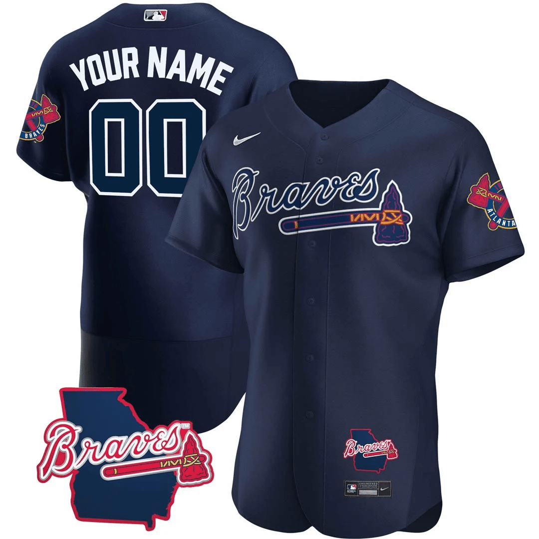 Atlanta Braves Georgia State Patch Custom - Navy Flex Base Jersey - All Stitched