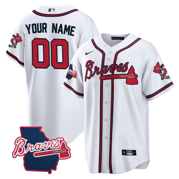 Atlanta Braves Georgia State Patch Custom - White Cool Base Men  Jersey - All Stitched