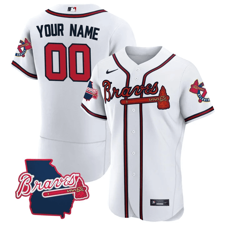 Atlanta Braves Georgia State Patch Custom - White Flex Base Men  Jersey - All Stitched