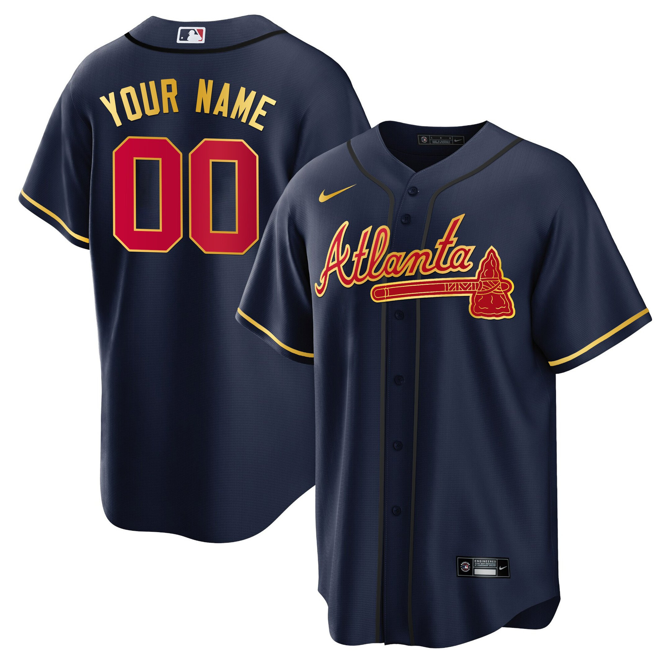 Atlanta Braves Gold Trim Custom Cool Navy Jersey - All Stitched