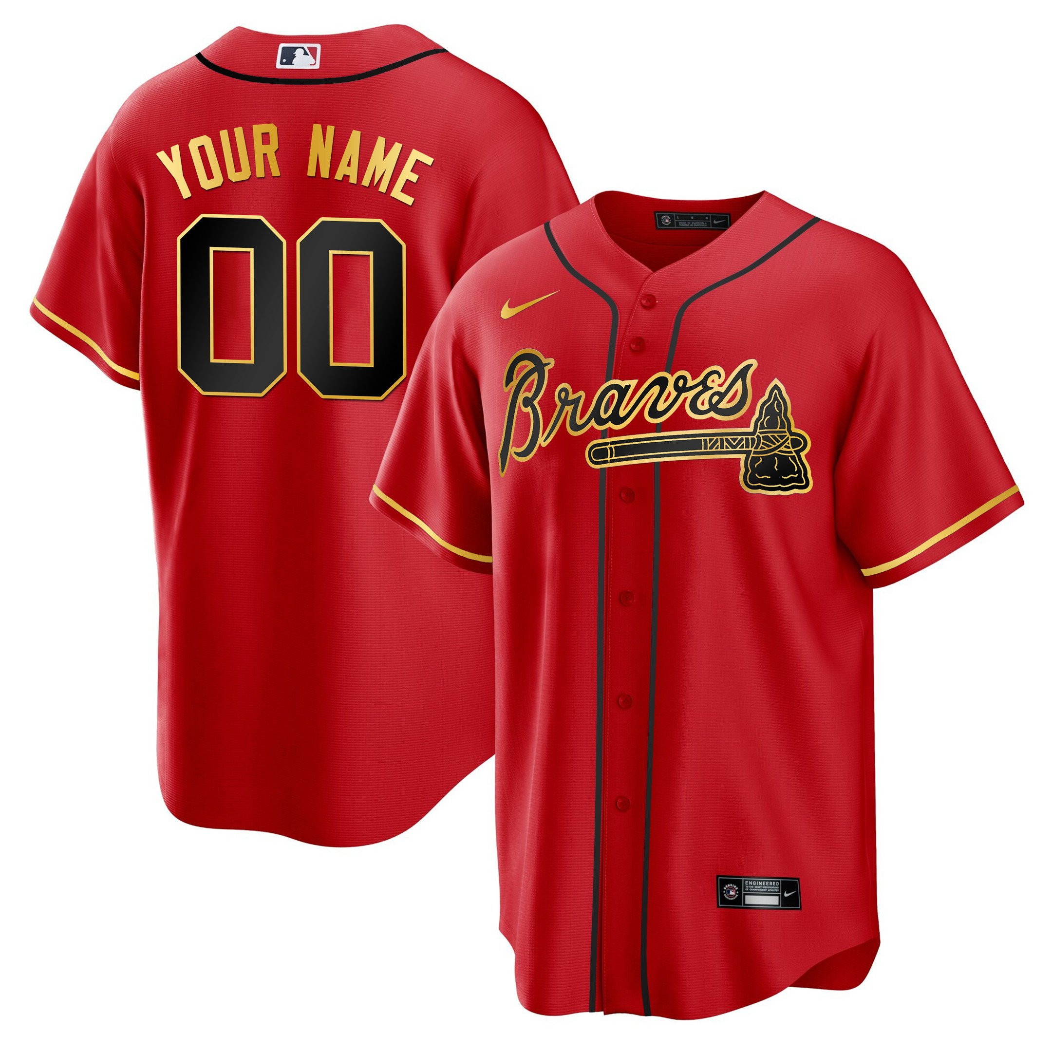 Atlanta Braves Gold Trim Custom Cool Red Jersey - All Stitched