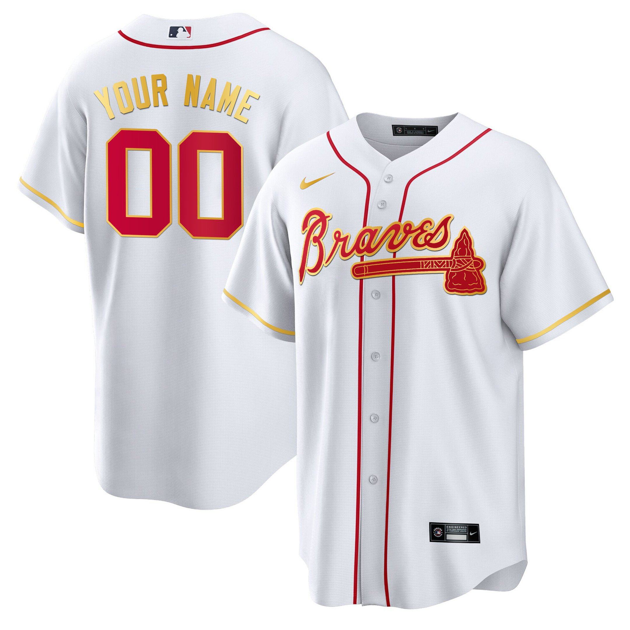 Atlanta Braves Gold Trim Custom Cool White Jersey - All Stitched