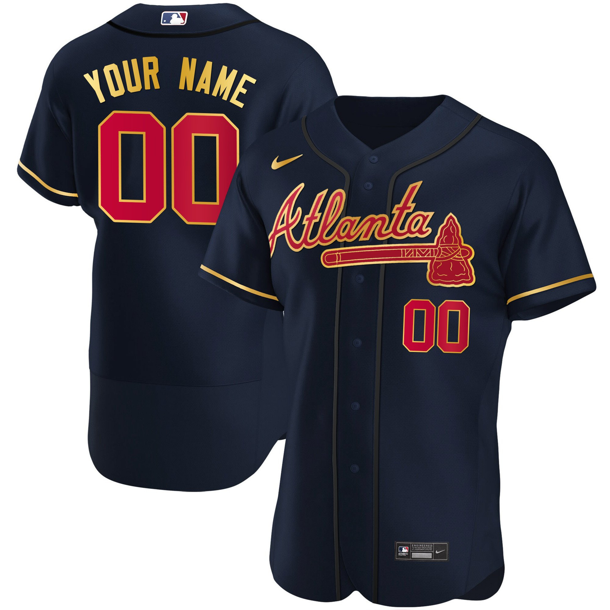 Atlanta Braves Gold Trim Custom Flex Navy Jersey - All Stitched