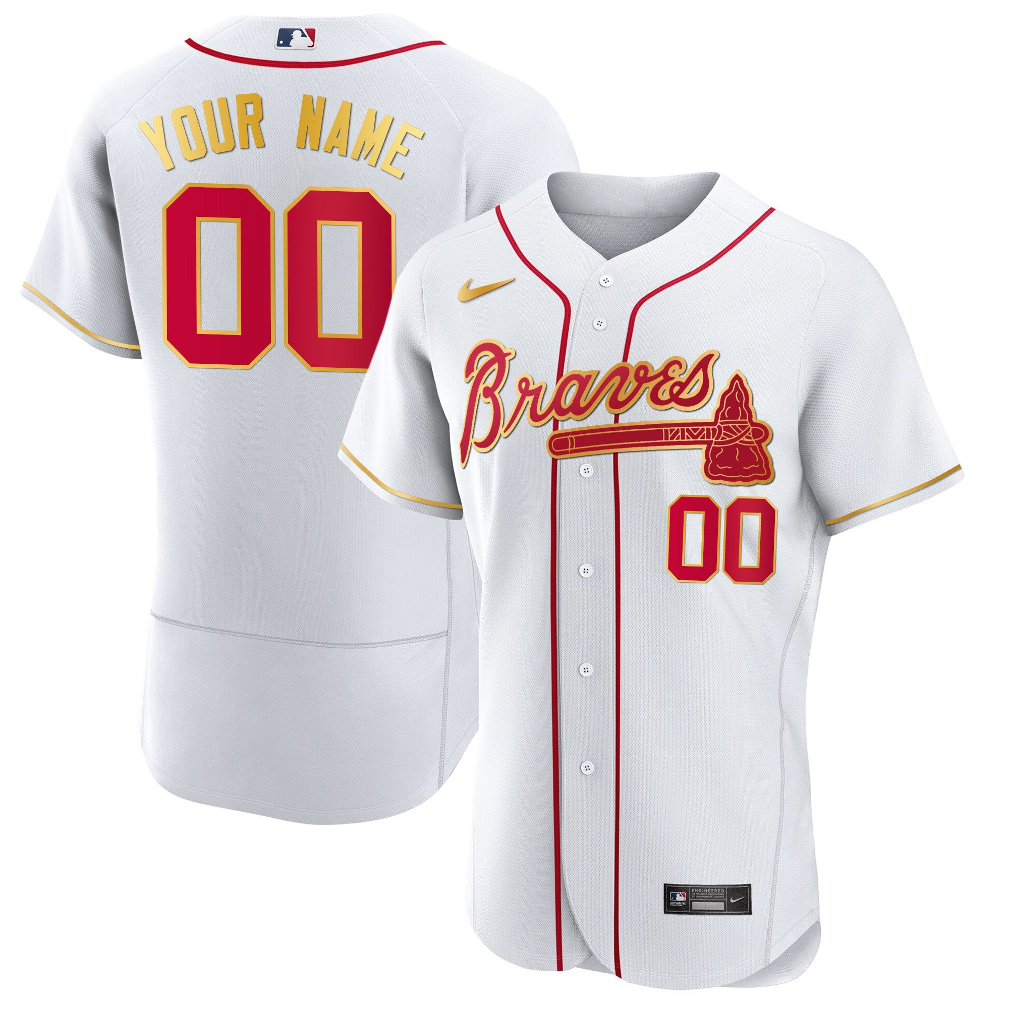 Atlanta Braves Gold Trim Custom Flex White Jersey - All Stitched