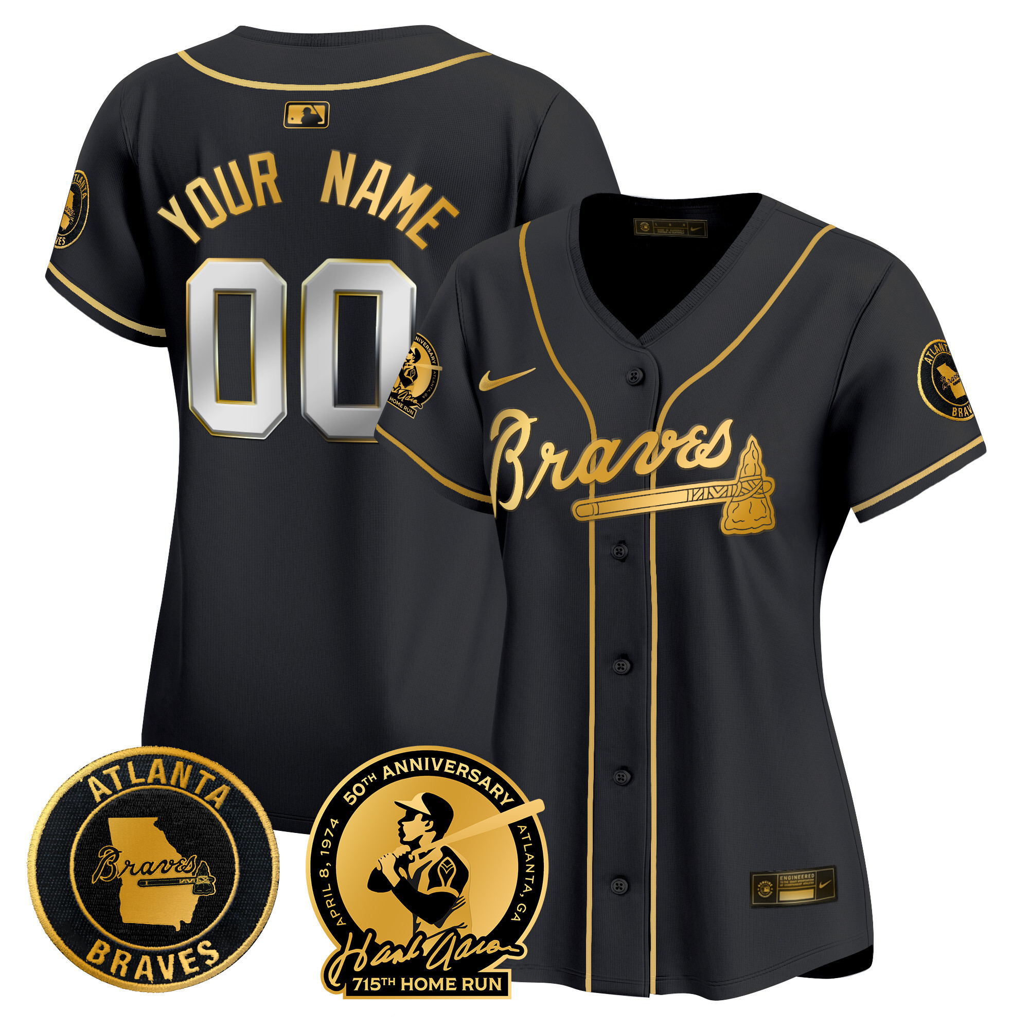 Atlanta Braves Hank Aaron 715th Home Run Patch Vapor Premier Limited Custom Black Gold Jersey - All Stitched