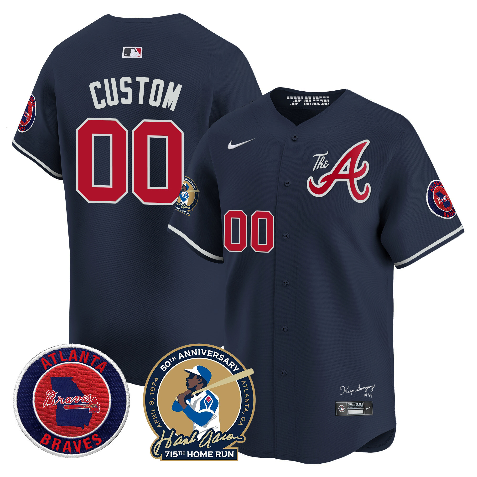 Atlanta Braves Hank Aaron 715th Home Run Patch Vapor Premier Limited Custom V2 Navy Jersey - All Stitched