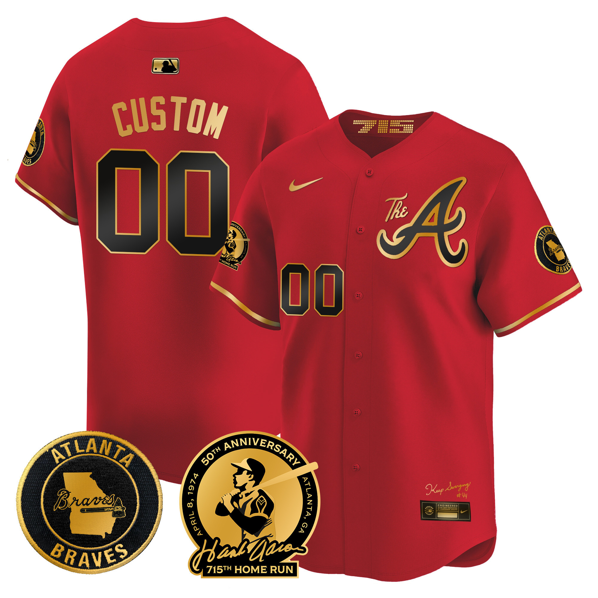 Atlanta Braves Hank Aaron 715th Home Run Patch Vapor Premier Limited Custom V2 Red Gold Jersey - All Stitched