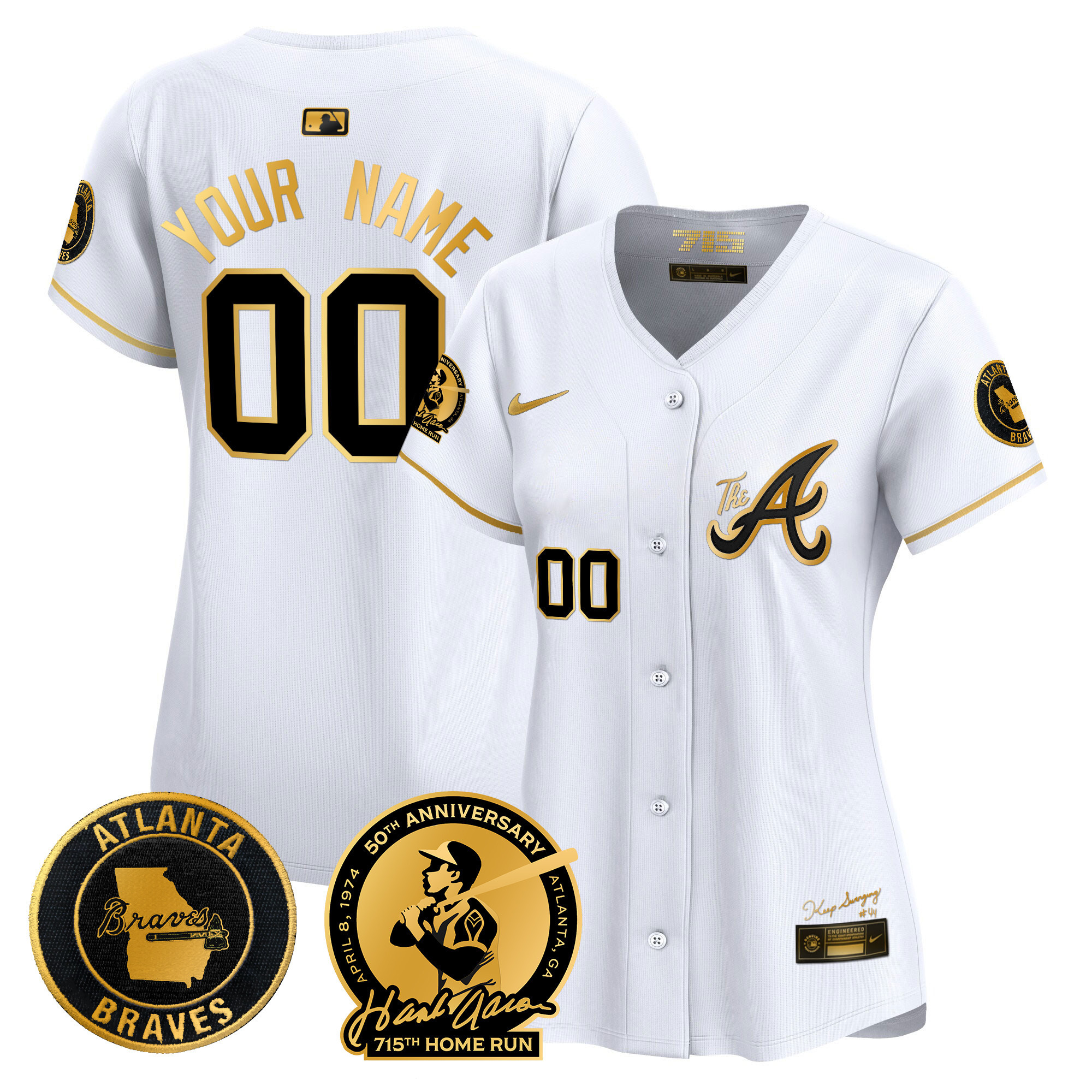 Atlanta Braves Hank Aaron 715th Home Run Patch Vapor Premier Limited Custom V2 White Gold Jersey - All Stitched