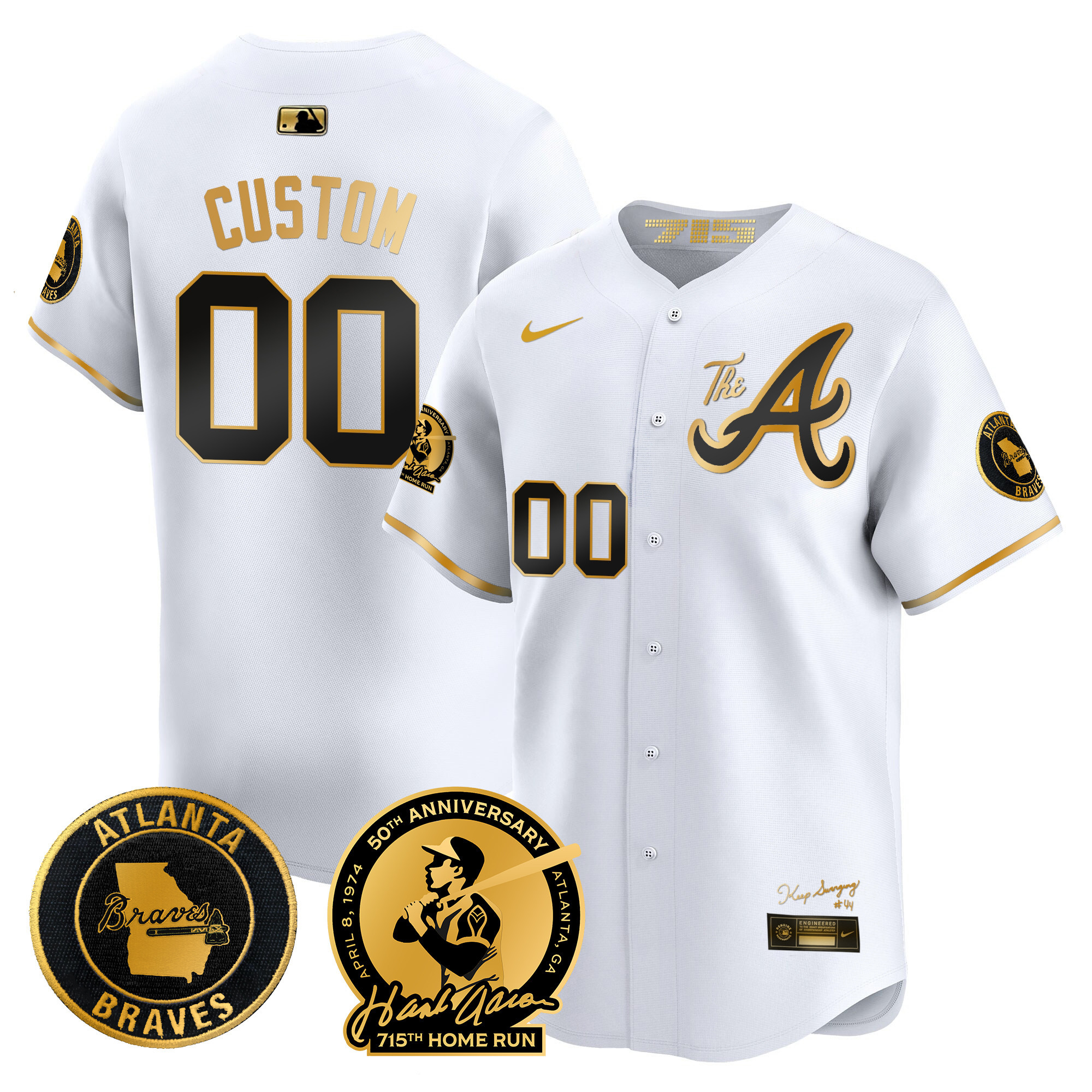 Atlanta Braves Hank Aaron 715th Home Run Patch Vapor Premier Limited Custom V2 White Gold Jersey - All Stitched