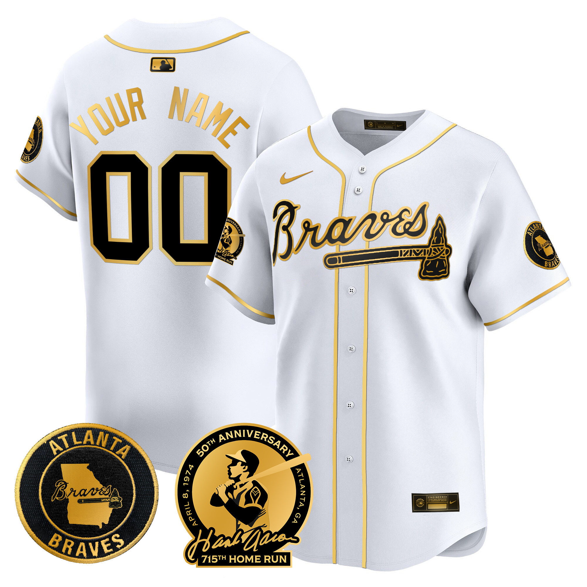 Atlanta Braves Hank Aaron 715th Home Run Patch Vapor Premier Limited Custom White Gold Jersey - All Stitched