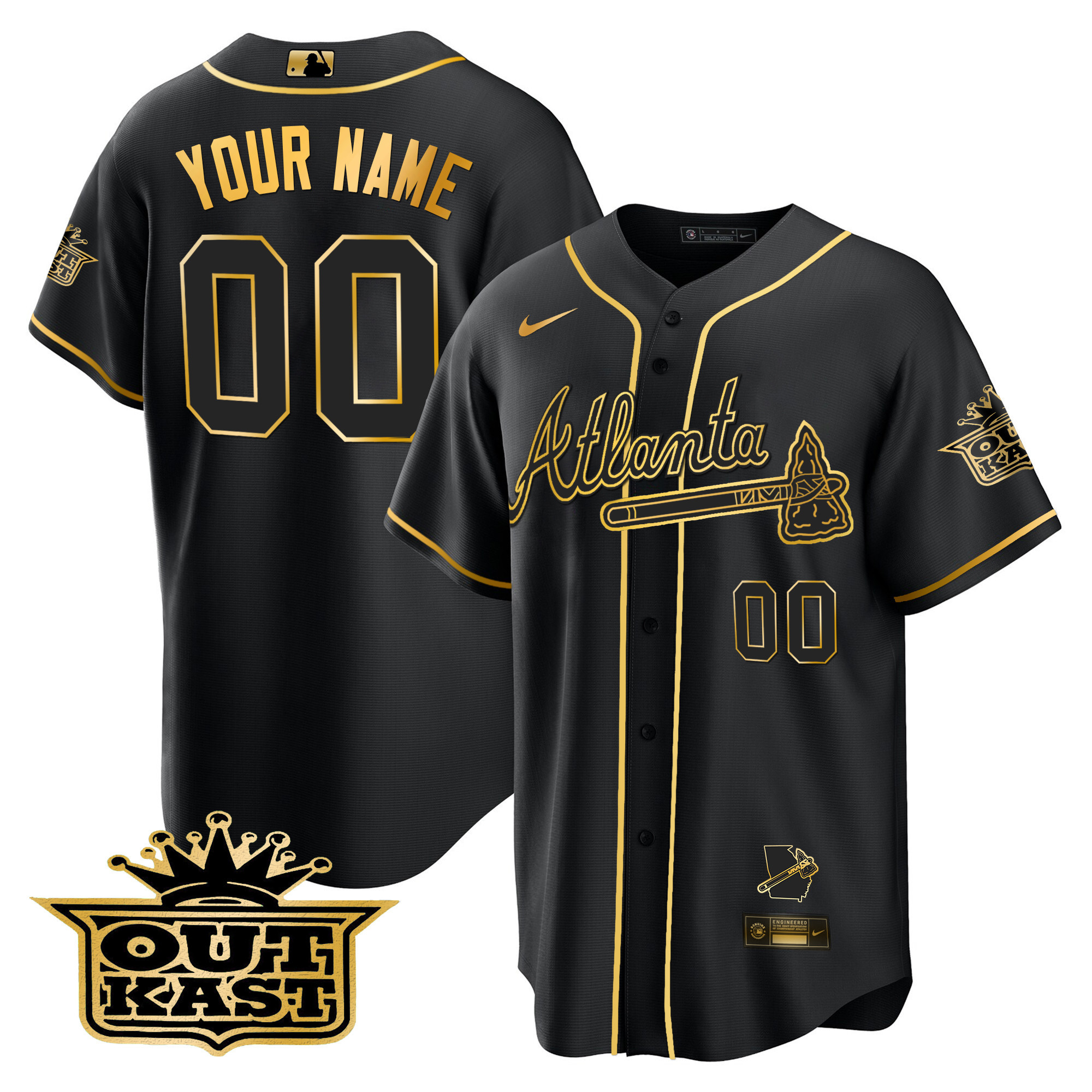 Atlanta Braves Outkast Cool Base Custom V3 Black Gold Jersey - All Stitched