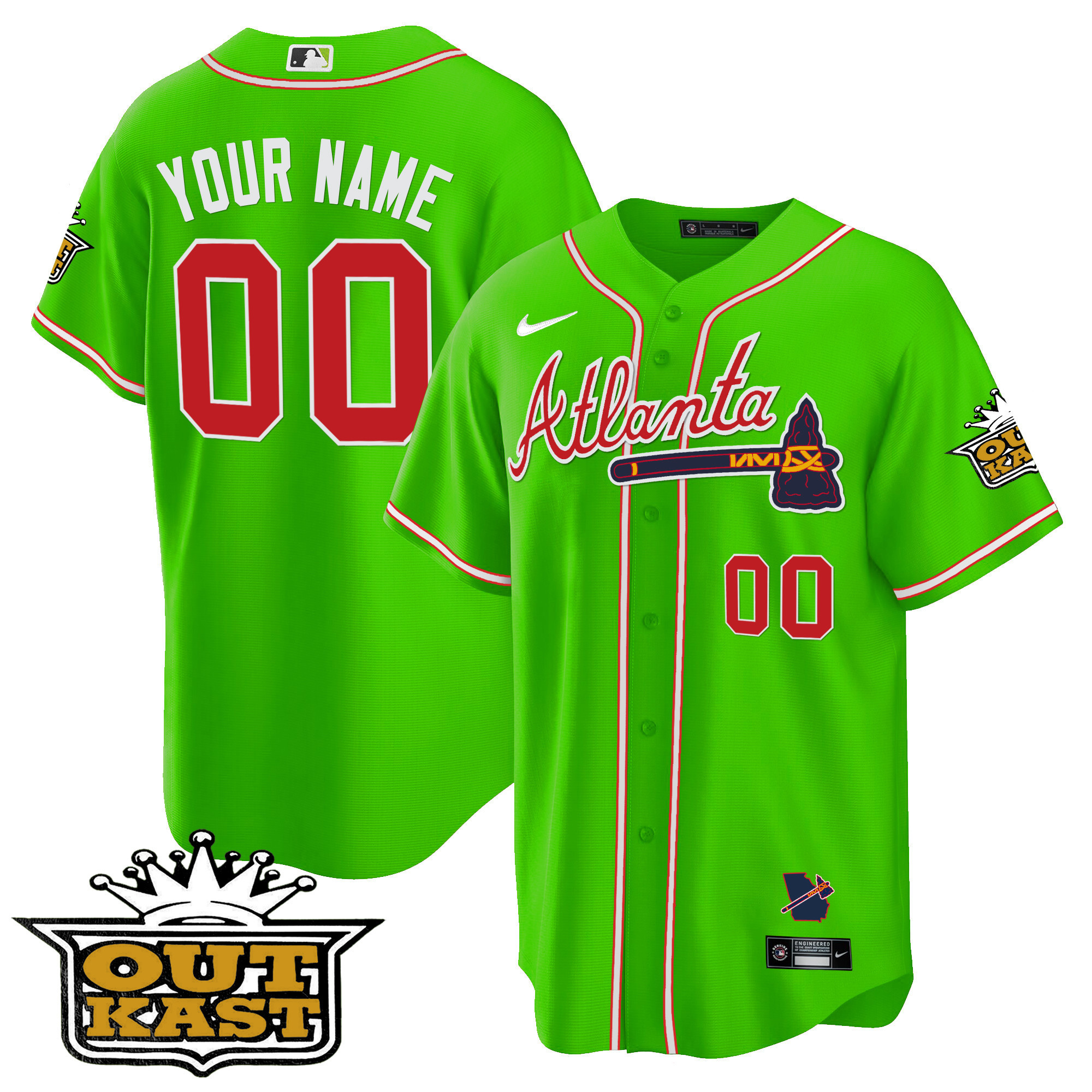 Atlanta Braves Outkast Cool Base Custom V3 Bright Green Jersey - All Stitched