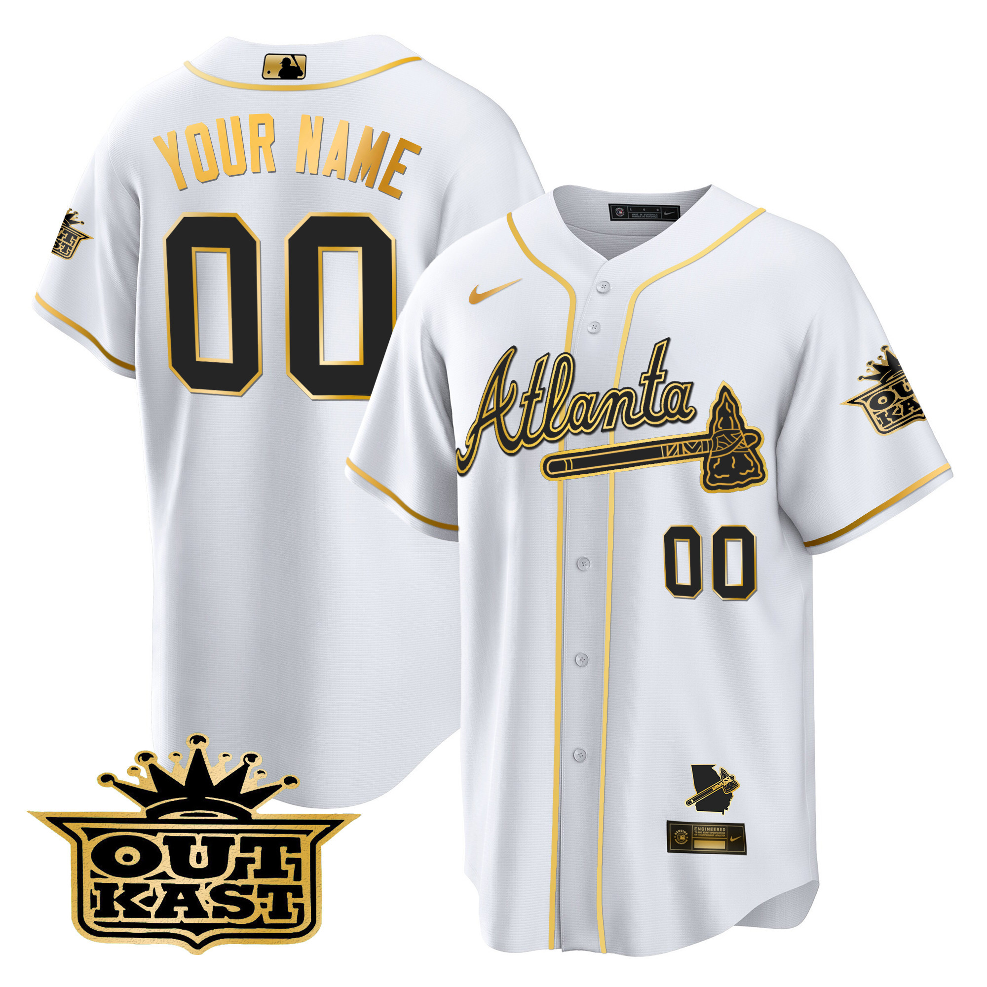 Atlanta Braves Outkast Cool Base Custom V3 White Gold Jersey - All Stitched