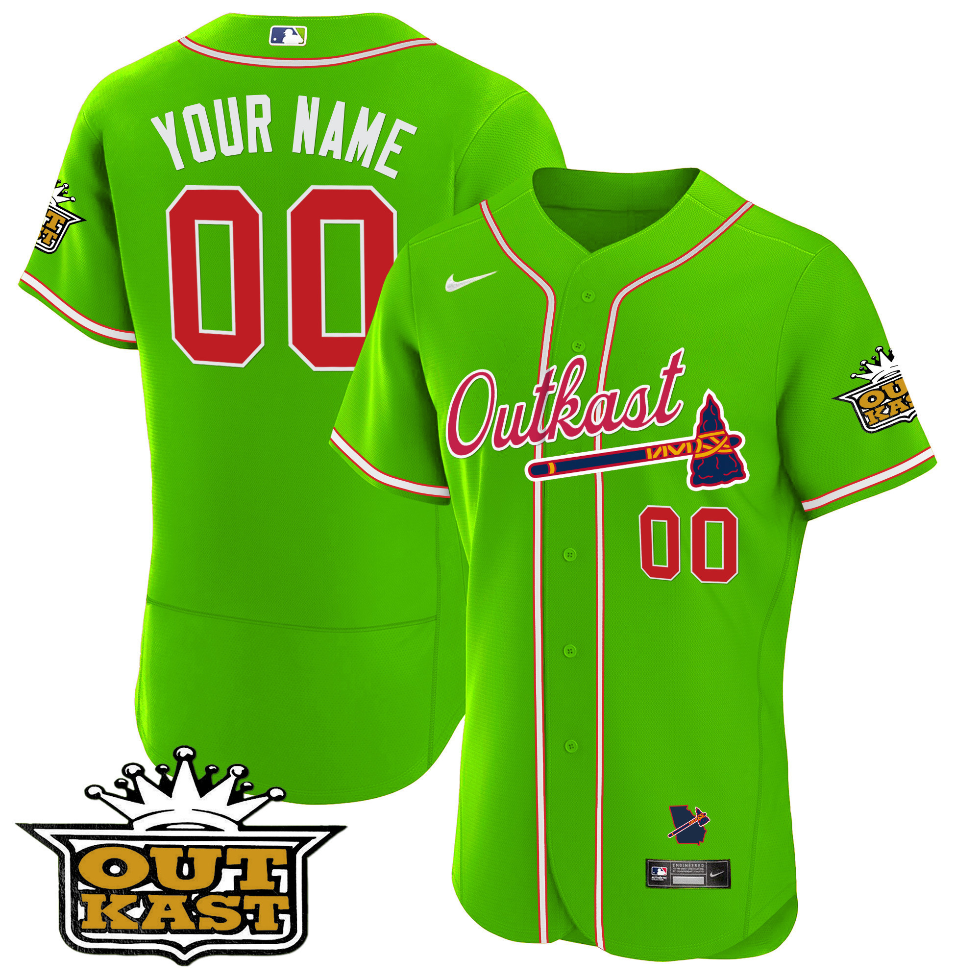 Atlanta Braves Outkast Flex Base Custom Bright Green Jersey - All Stitched