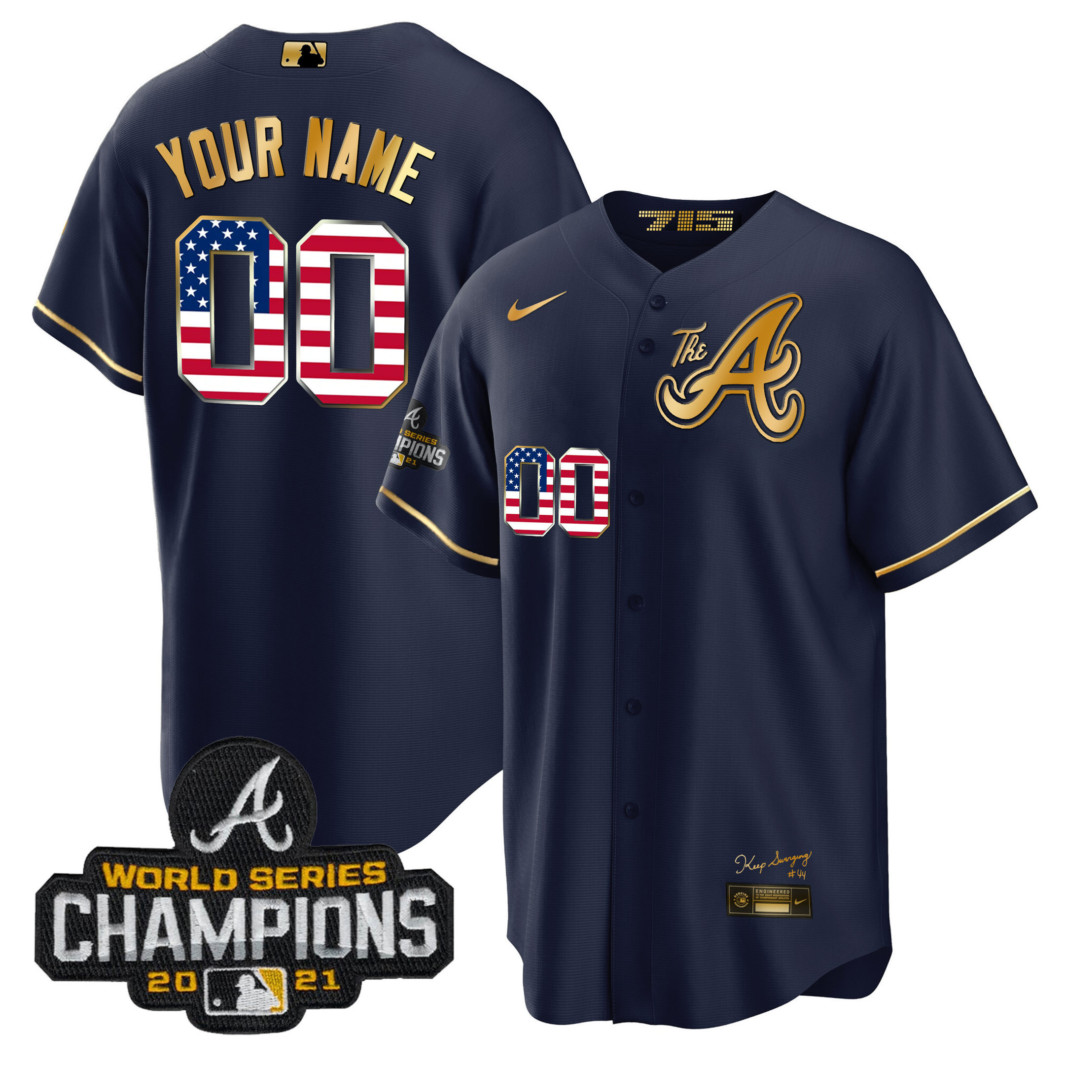 Atlanta Braves The A Gold Flag Custom Navy Gold Jersey - All Stitched