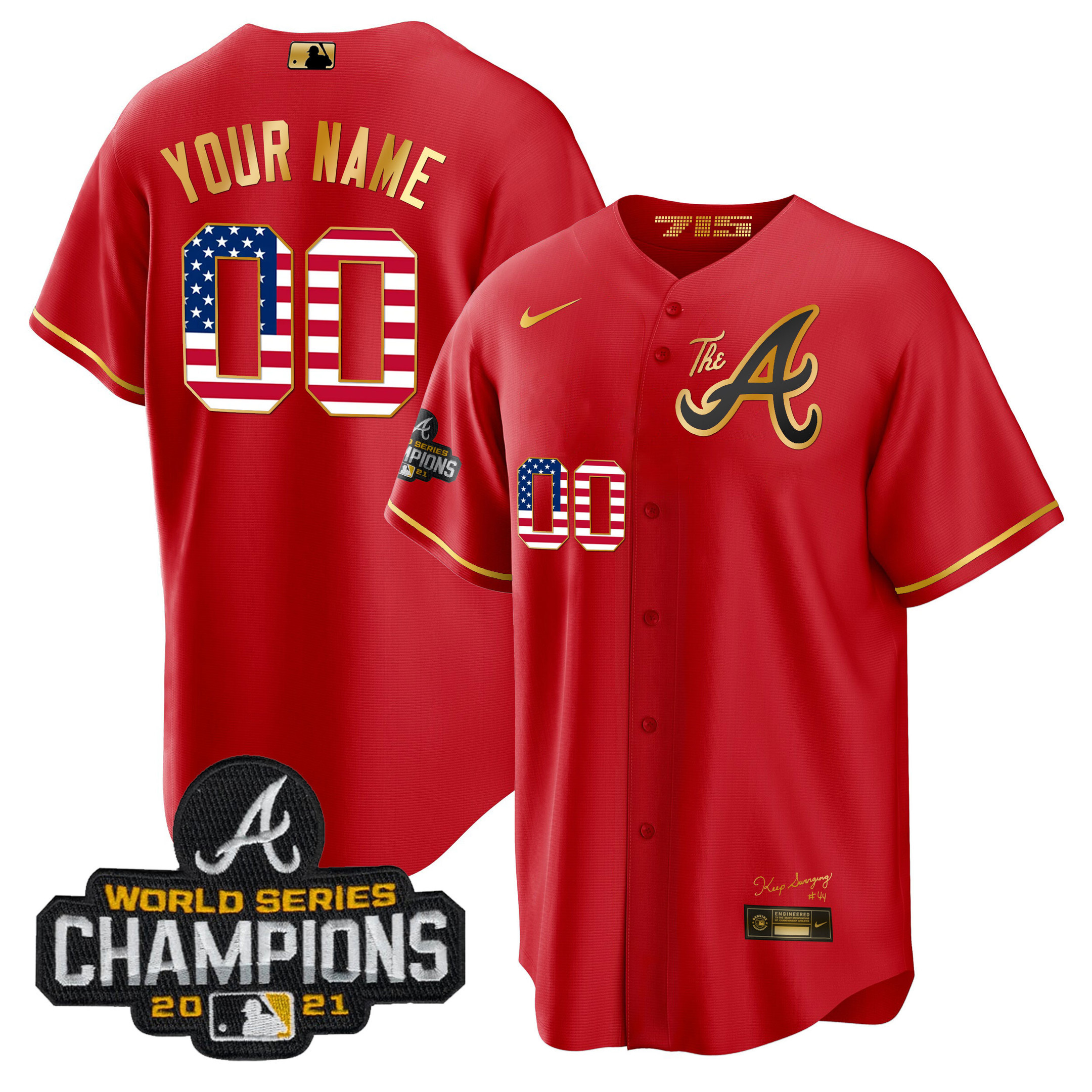 Atlanta Braves The A Gold Flag Custom Red Gold Jersey - All Stitched