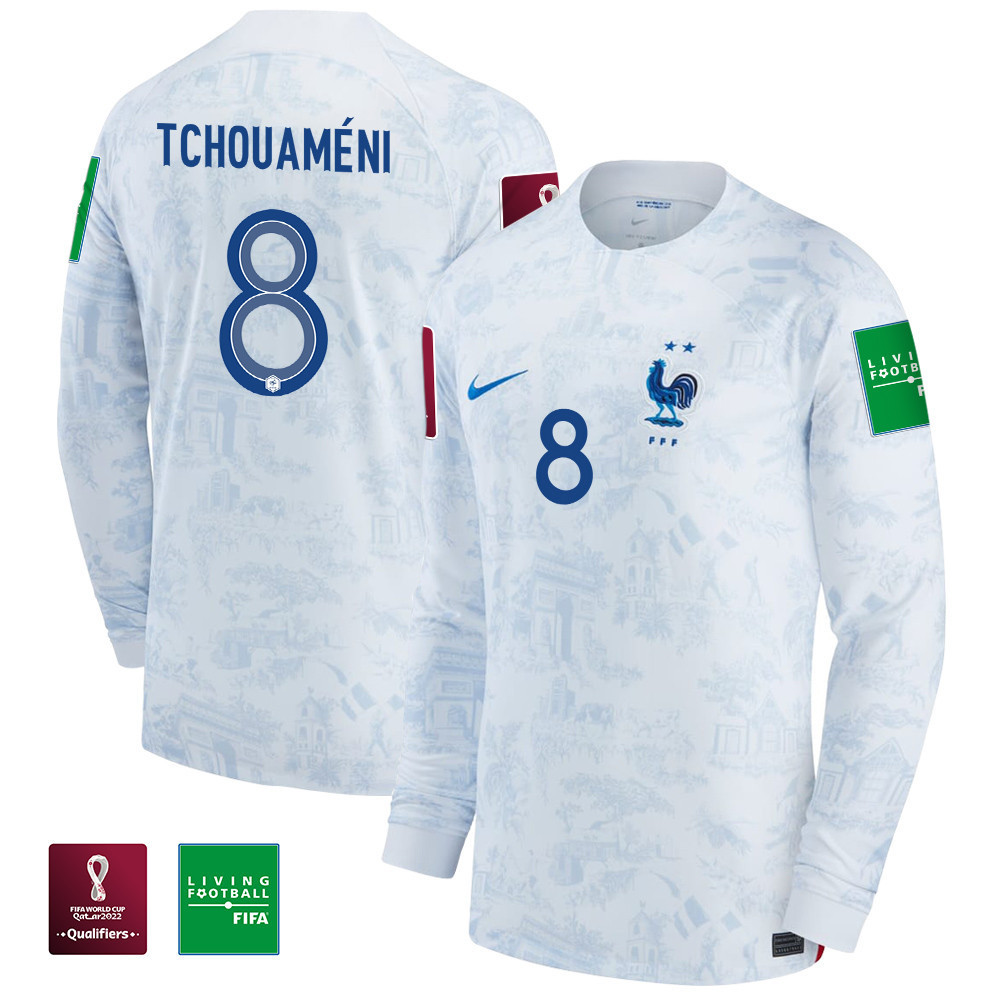 Aurelien Tchouameni 8 France National Team FIFA World Cup Qatar 2022 Patch – Men Away Long Sleeve Soccer Jersey