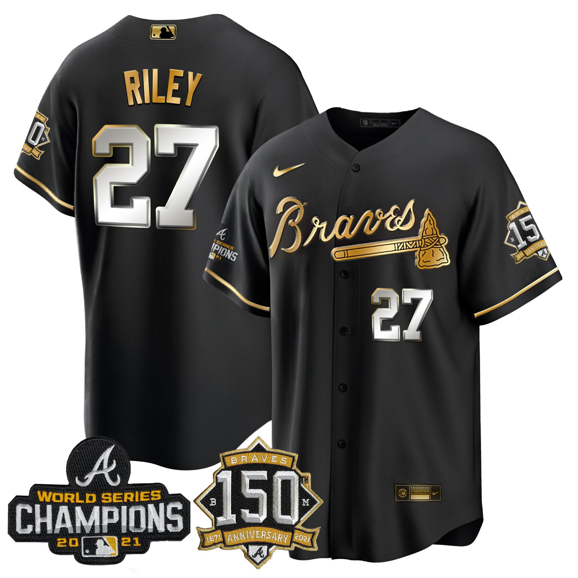 Austin Riley Atlanta Braves World Series Champion Black Gold Cool Base Jersey - All Stitched