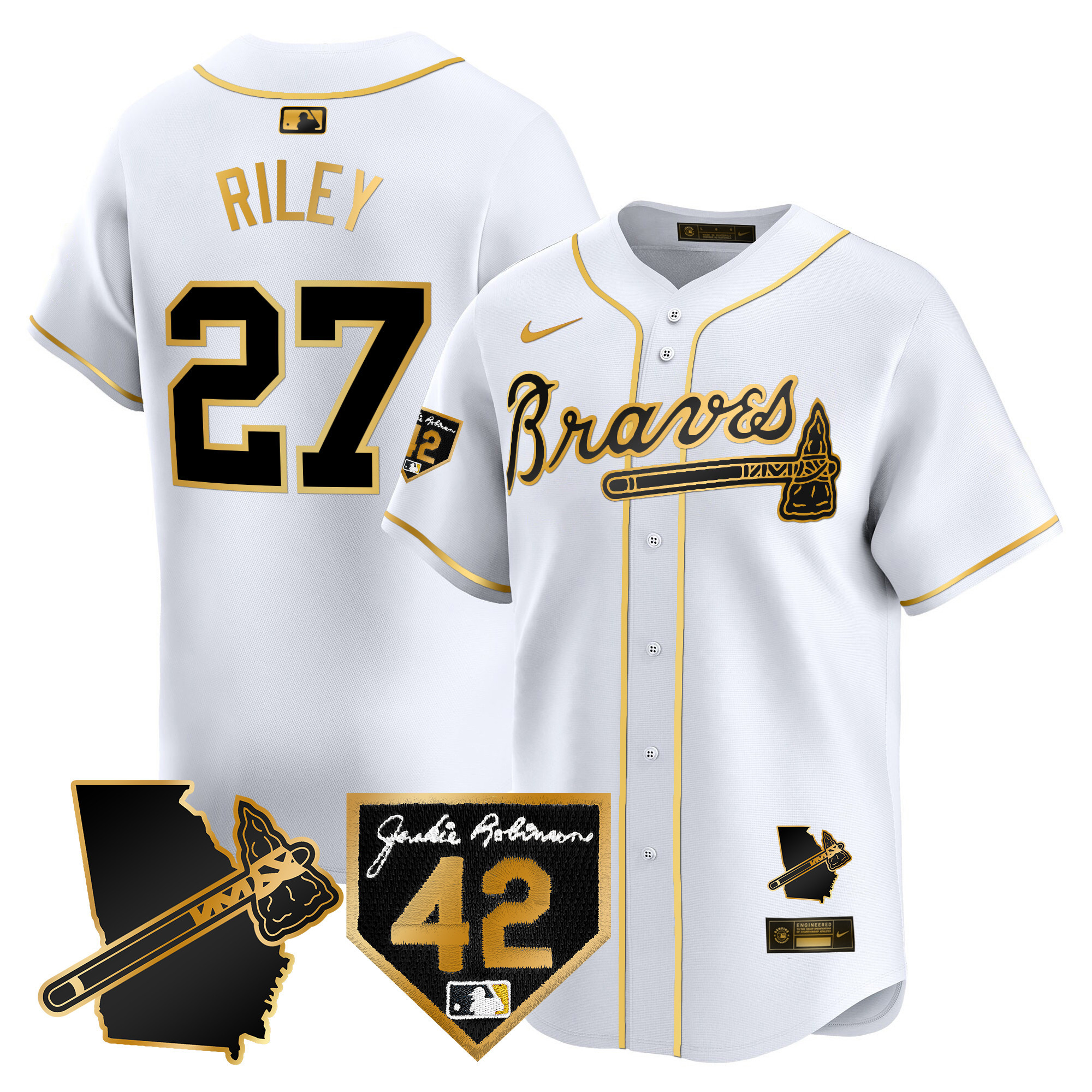 Austin Riley Men's Atlanta Braves 2024 Robinson & Georgia Patch Vapor Premier Limited White Gold Jersey - All Stitched