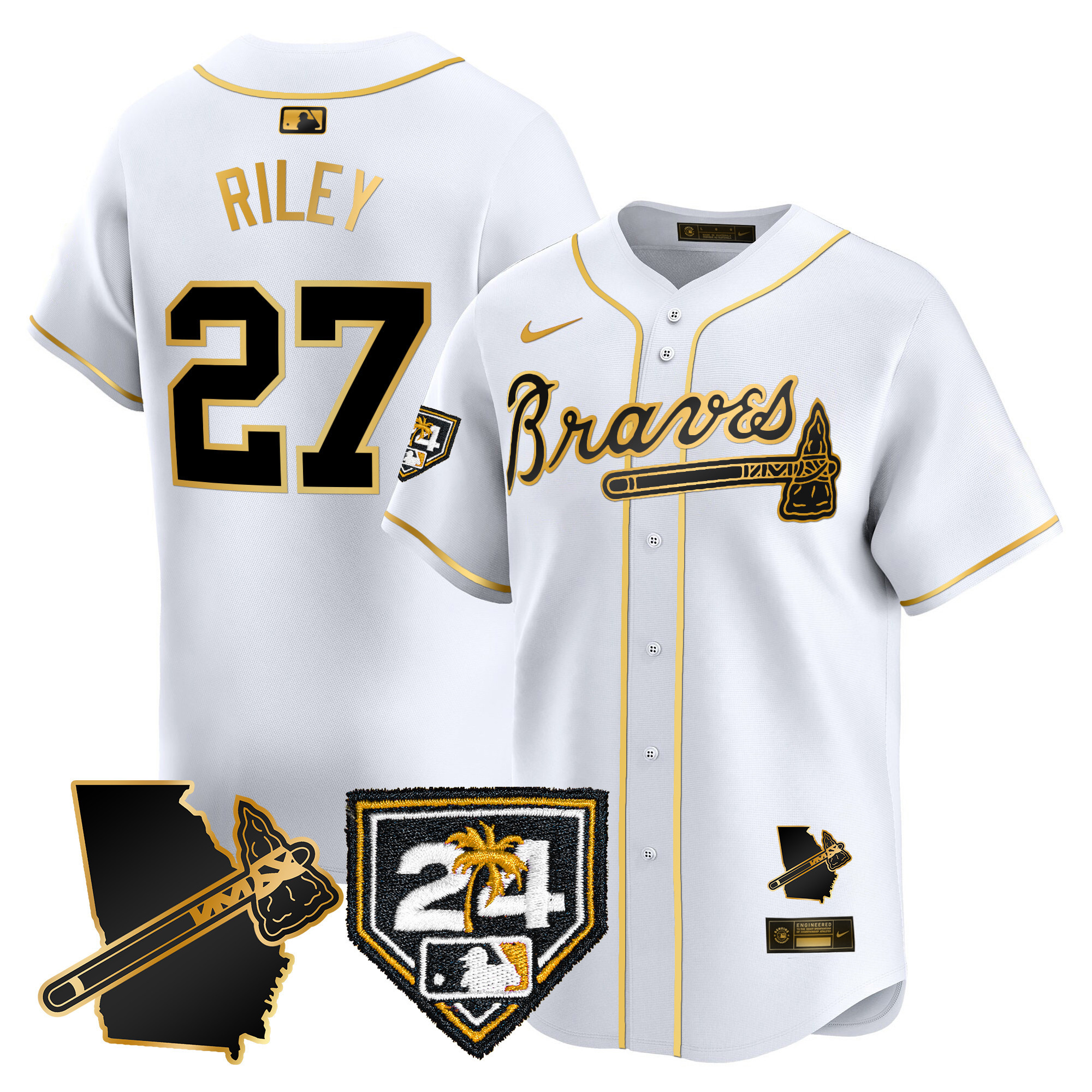Austin Riley Men's Atlanta Braves 2024 Spring Training & Georgia Patch Vapor Premier Limited White Gold Jersey - All Stitched