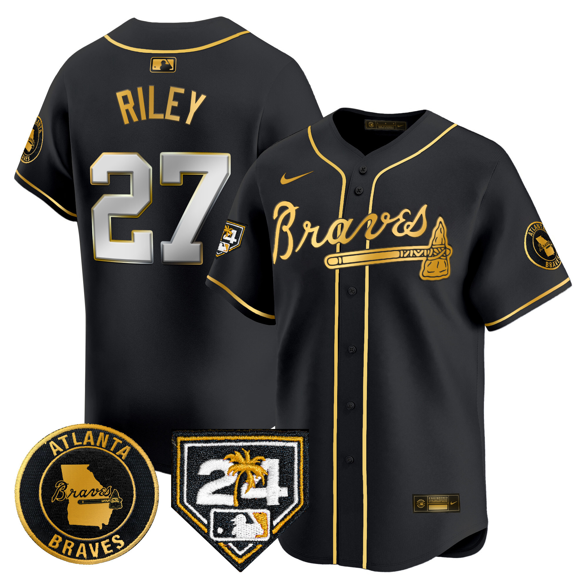 Austin Riley Men's Atlanta Braves 2024 Spring Training Patch Vapor Premier Limited Black Gold Jersey - All Stitched