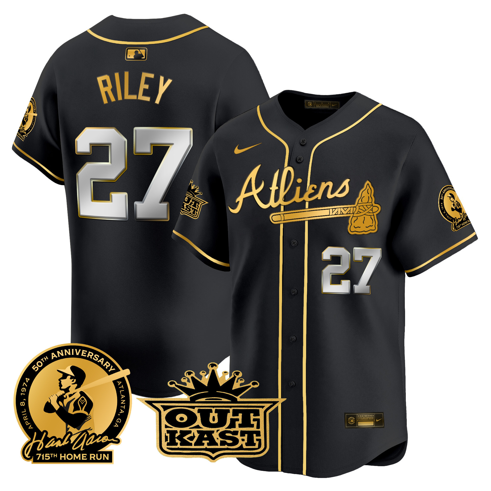 Austin Riley Men's Atlanta Braves Atliens & Hank Aaron Patch Vapor Premier Limited Black Gold Jersey - All Stitched