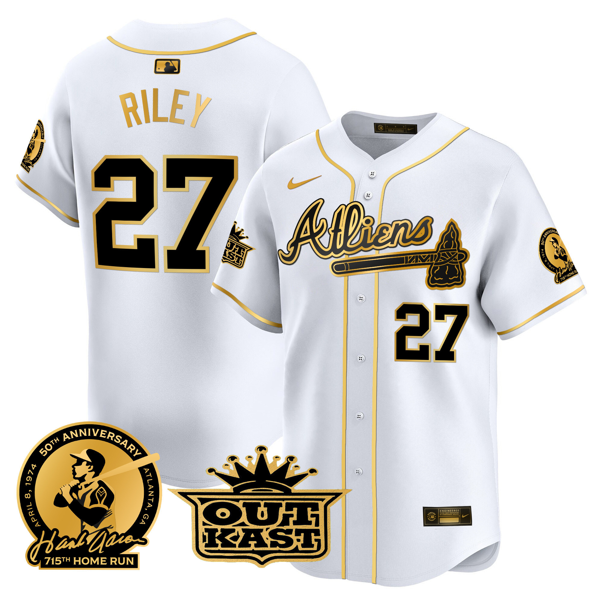 Austin Riley Men's Atlanta Braves Atliens & Hank Aaron Patch Vapor Premier Limited White Gold Jersey - All Stitched
