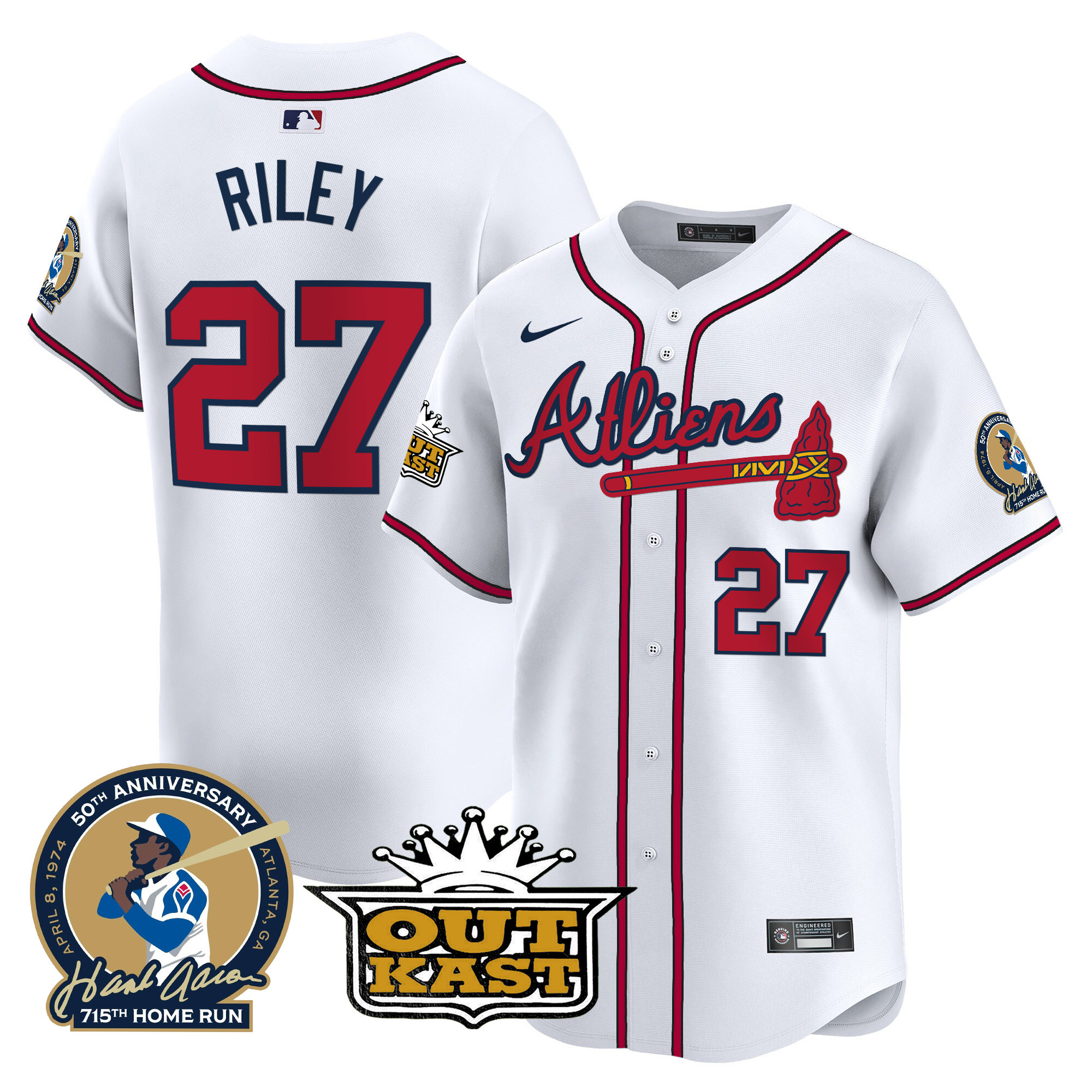 Austin Riley Men's Atlanta Braves Atliens & Hank Aaron Patch Vapor Premier Limited White Jersey - All Stitched