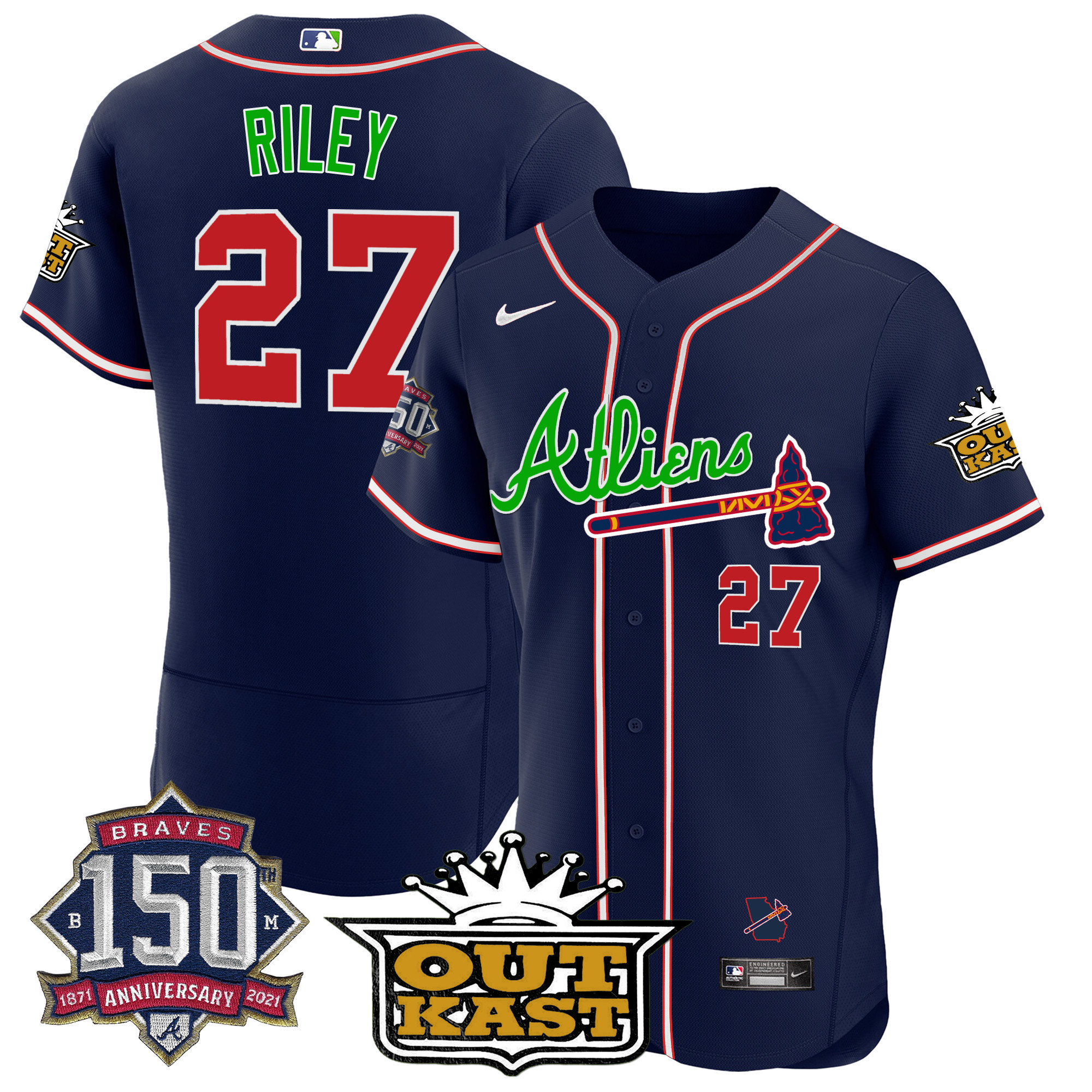 Austin Riley Men's Atlanta Braves Atliens 150th Anniversary Patch Flex Base Navy Jersey - All Stitched
