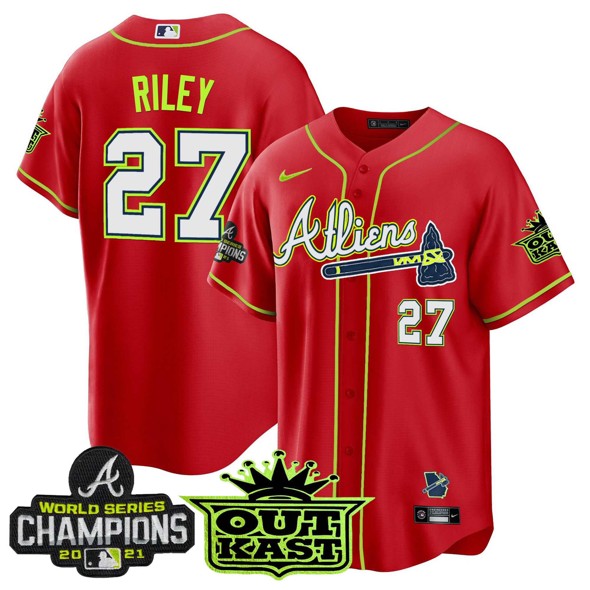 Austin Riley Men's Atlanta Braves Atliens Champions Cool Base Red Jersey - All Stitched